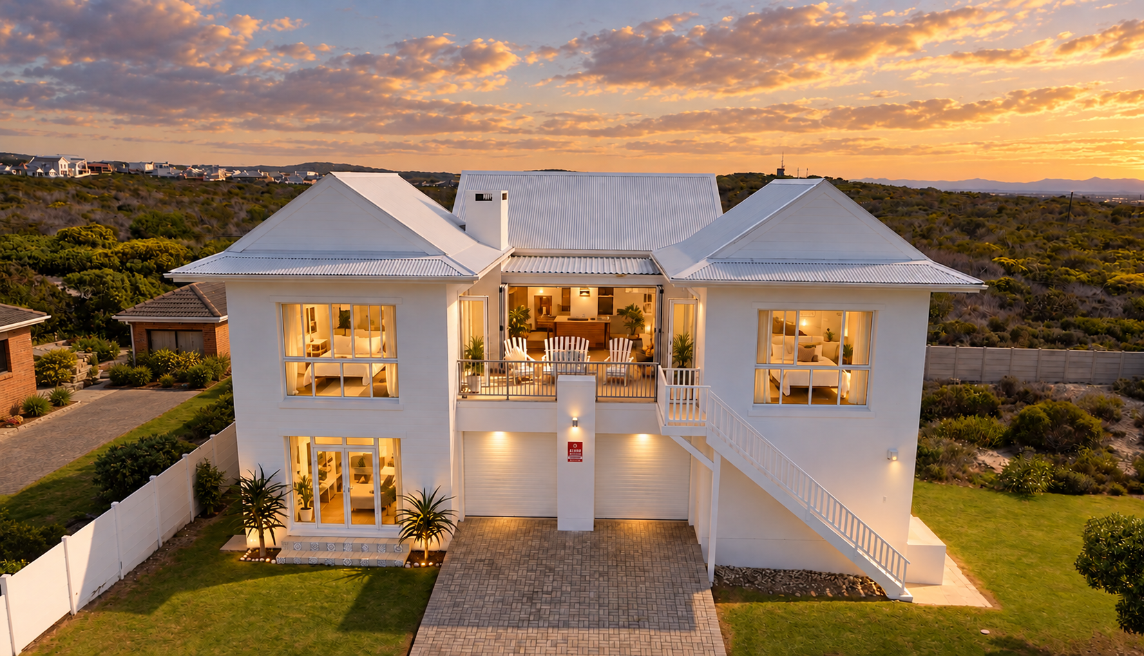 CToNic Beach Villa exterior with white gables at sunset