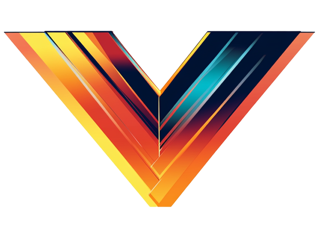 Ein farbenfrohes, dreidimensionales, V-förmiges geometrisches Design mit Strahlen in Rot, Orange, Gelb, Blau und Schwarz.