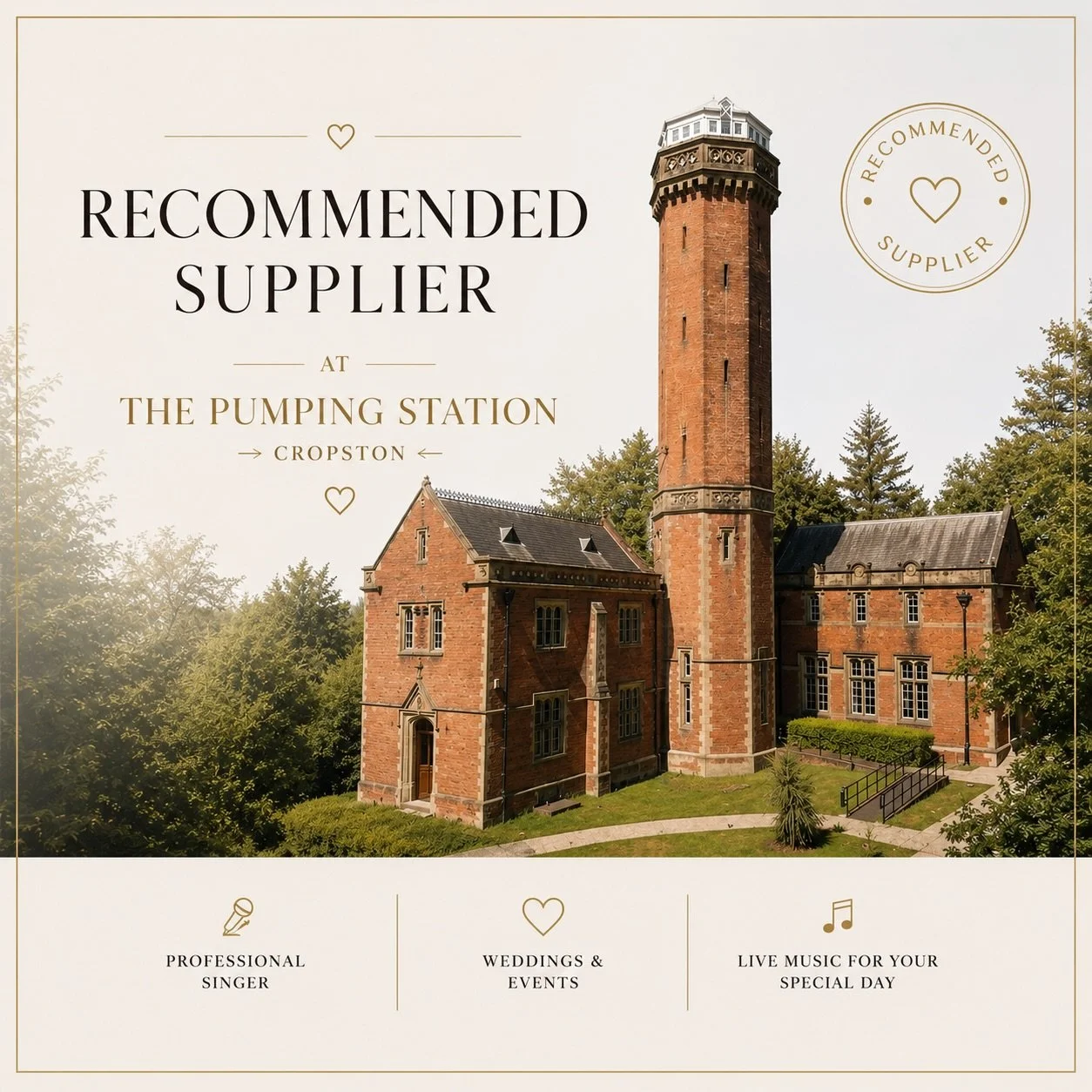 Exciting news! ✨

I&rsquo;m excited to say that I&rsquo;m now a recommended supplier @_thepumpingstation in Cropston! 🎙️

I had the pleasure of singing there a couple of weeks ago at a wedding for the first time and what a lovely venue it was! ☀️

I