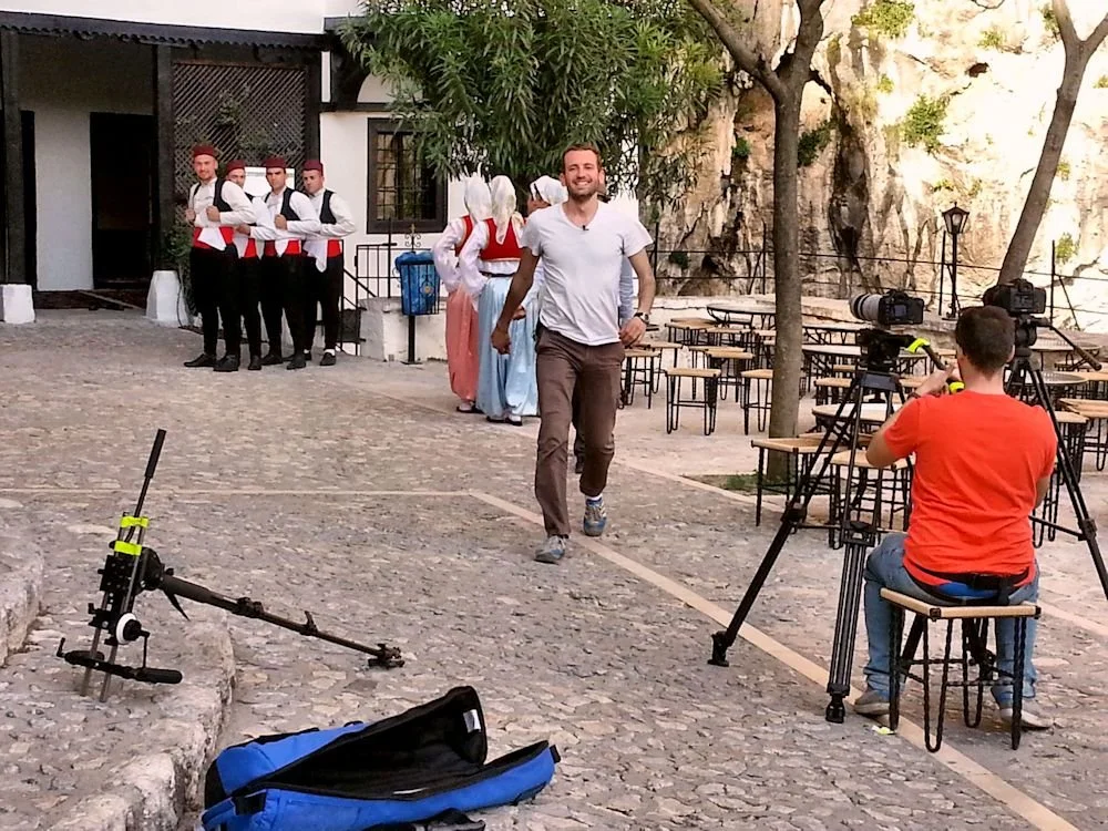 Behind the scenes of Manoto 1 show "Introducing Bosnia" – ViEdo: video production, drone filming, location management, permits, and fixer services in Bosnia.