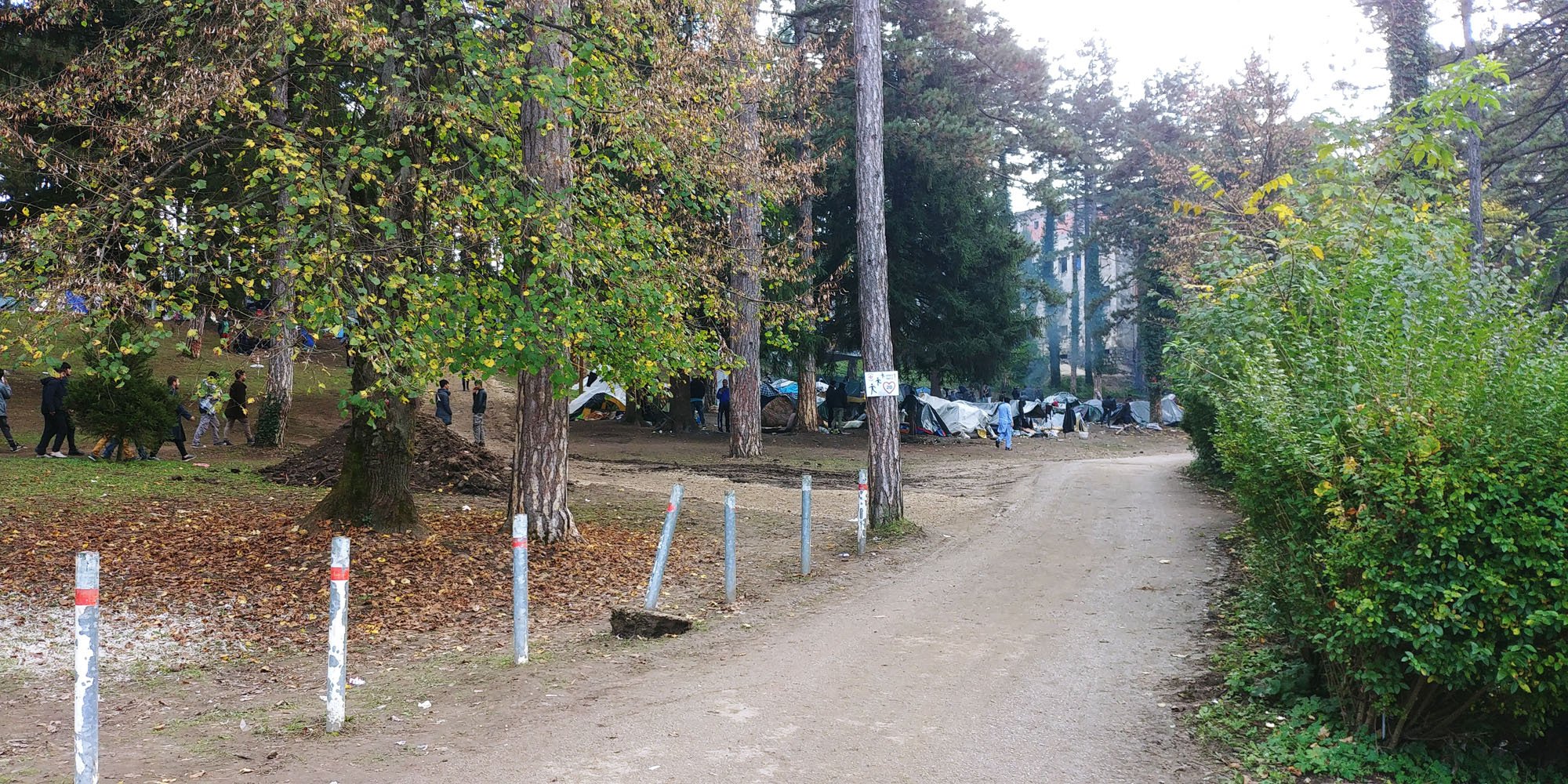 Campground with tents set up among tall trees, people walking along a dirt path, and a sign on a tree, with more tents visible in the background.