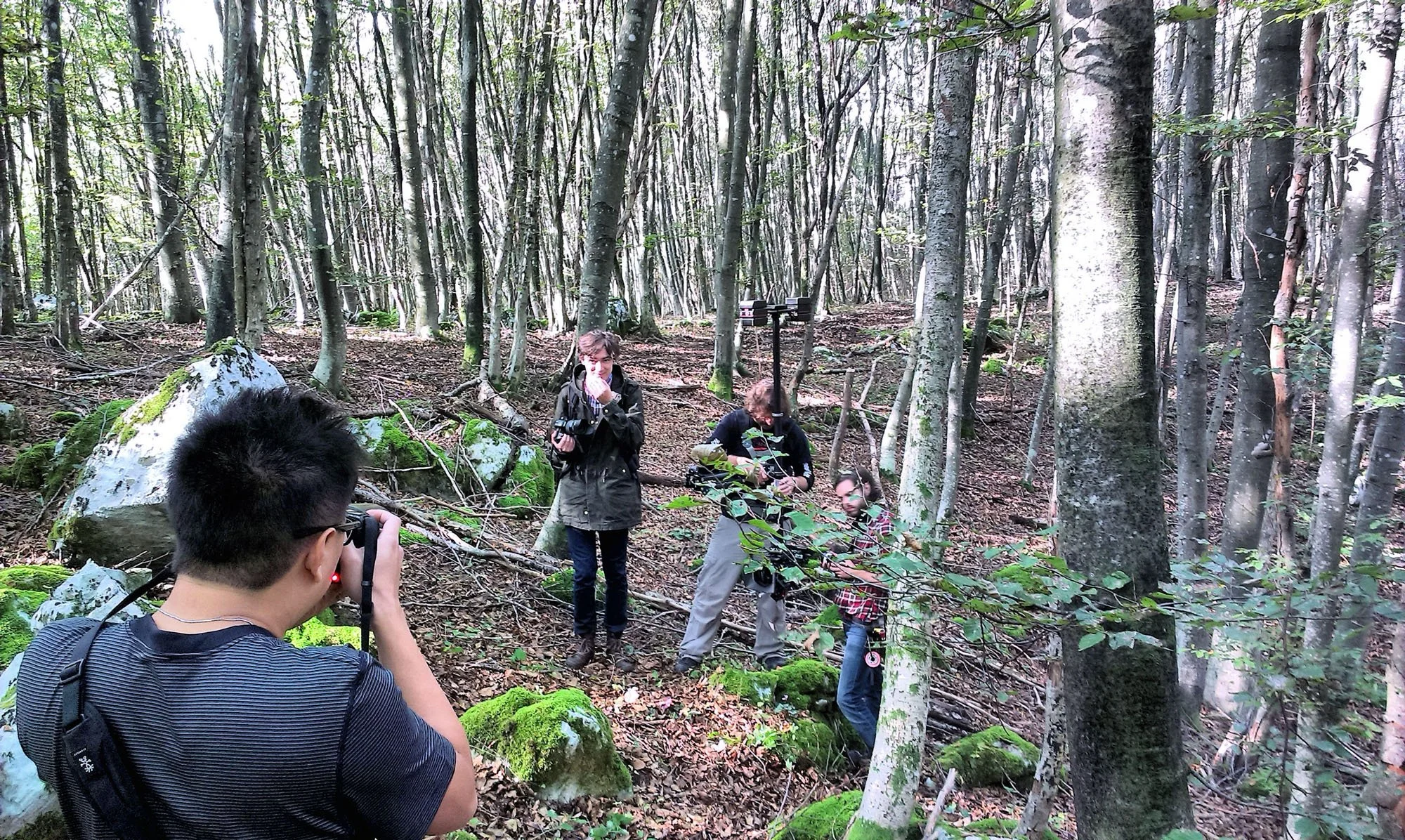 People in a forest, some holding tools, one person taking a photo, children and adults engaged in outdoor activity near trees, moss-covered rocks, and fallen branches.