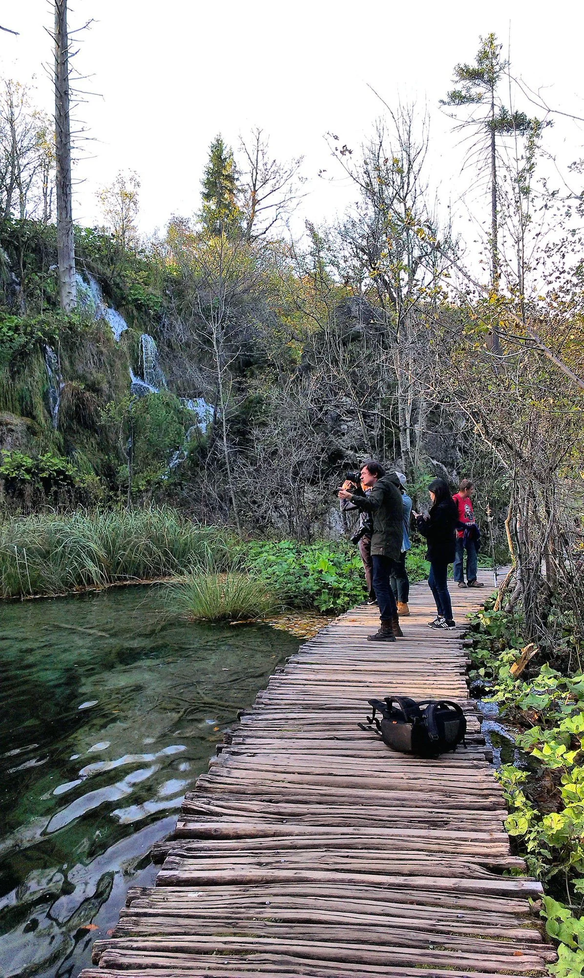 A group of people standing on a wooden boardwalk beside a small creek in a forested area, with trees, water, and waterfall in the background.