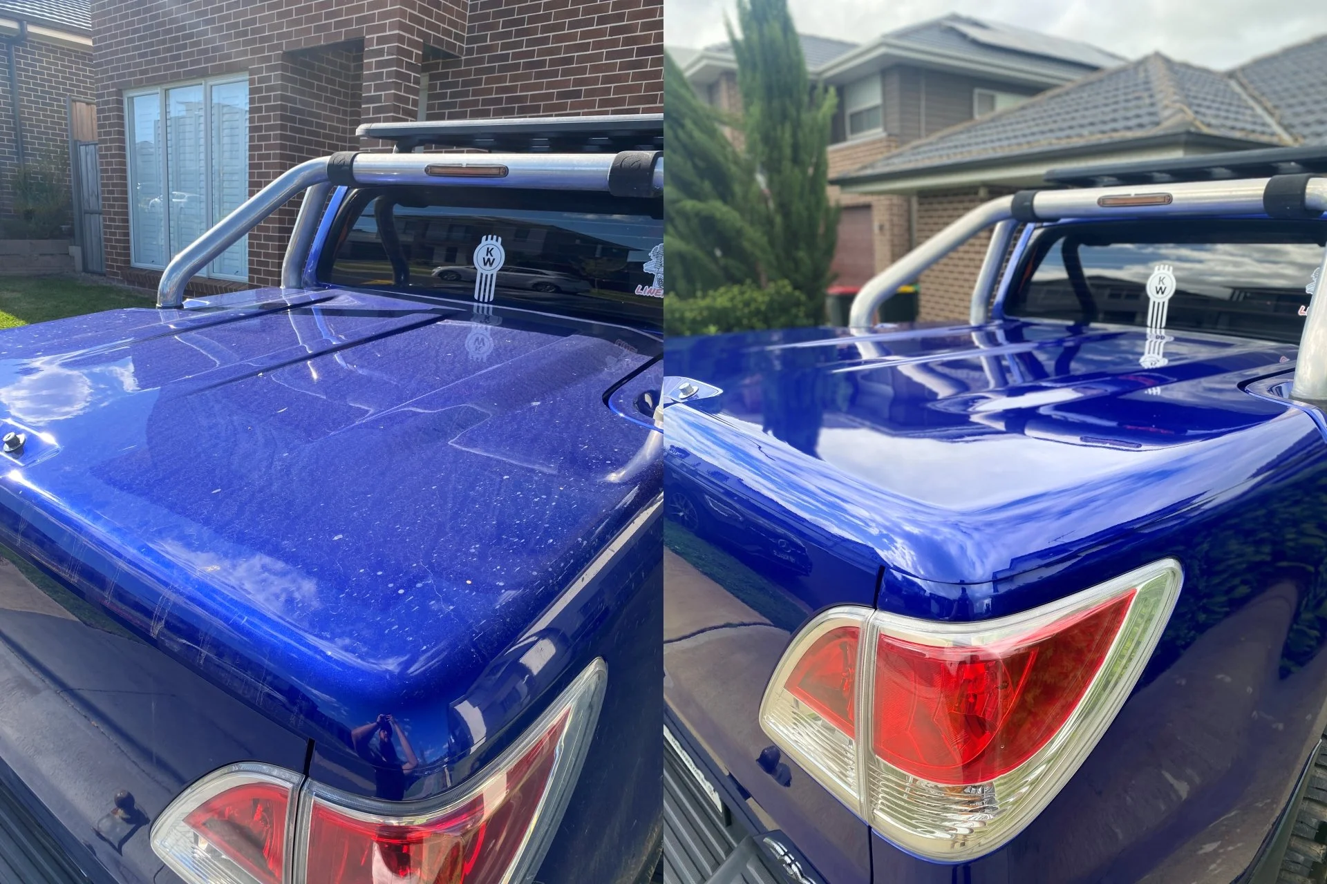 Comparison photo showing heavy oxidation removal results on a Mazda BT-50 in Sydney, NSW