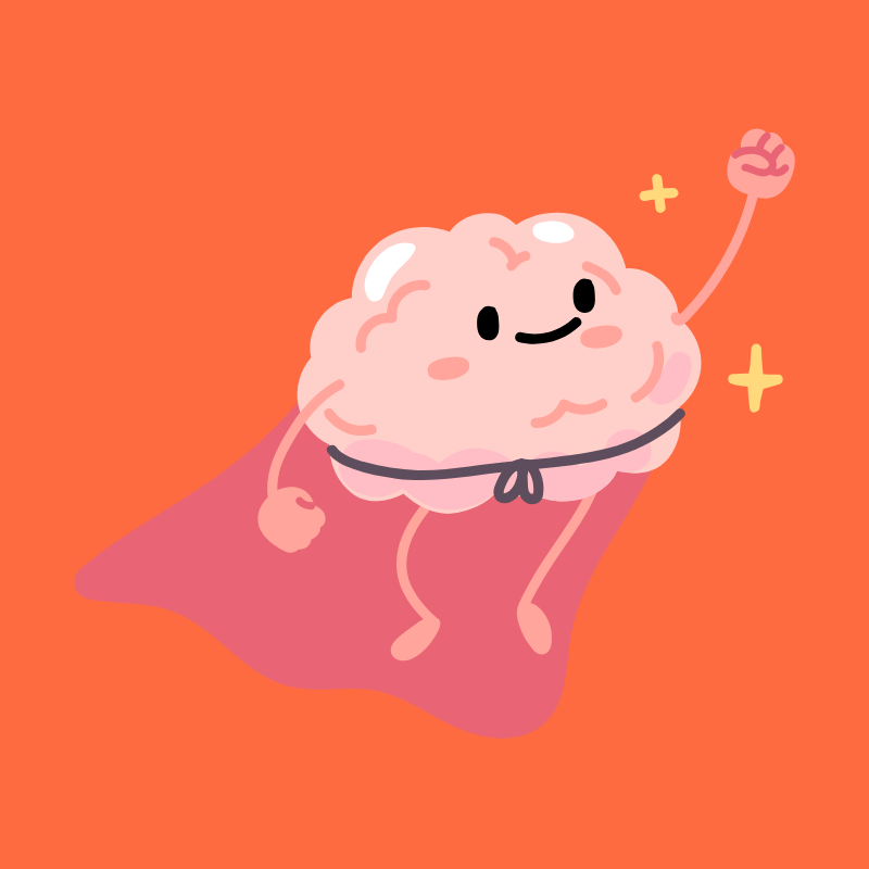 A cute cartoon illustration of a brain with a happy face, arms, legs, and a superhero cape, standing confidently on a pink mat against an orange background.
