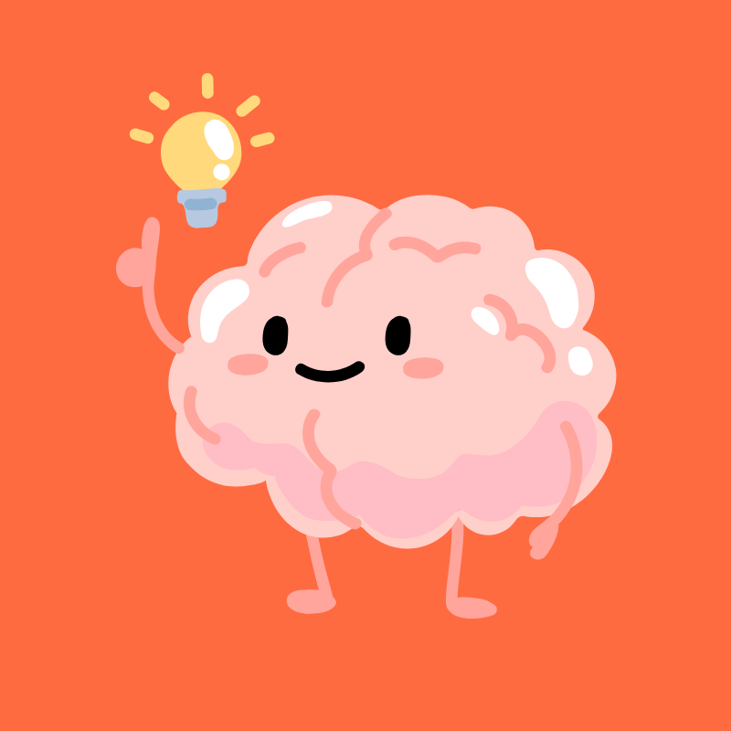 A cartoon illustration of a smiling brain character with arms and legs holding a lit lightbulb, against an orange background.