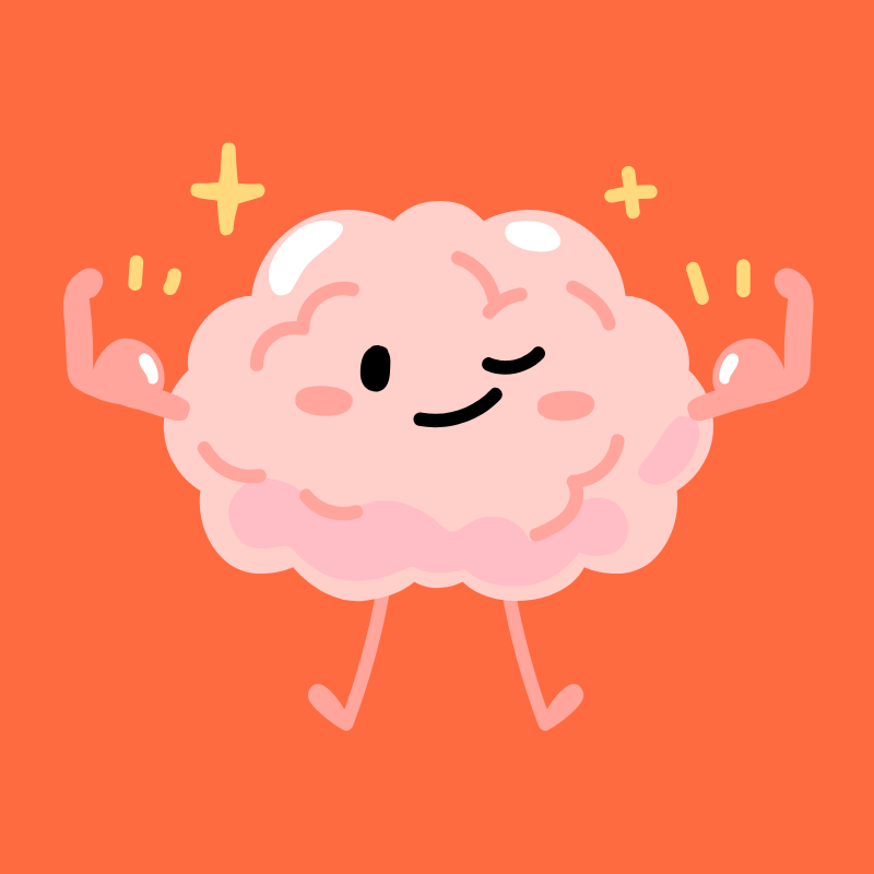 Cartoon image of a happy, muscular brain with a smiling face, flexing its arms against an orange background.