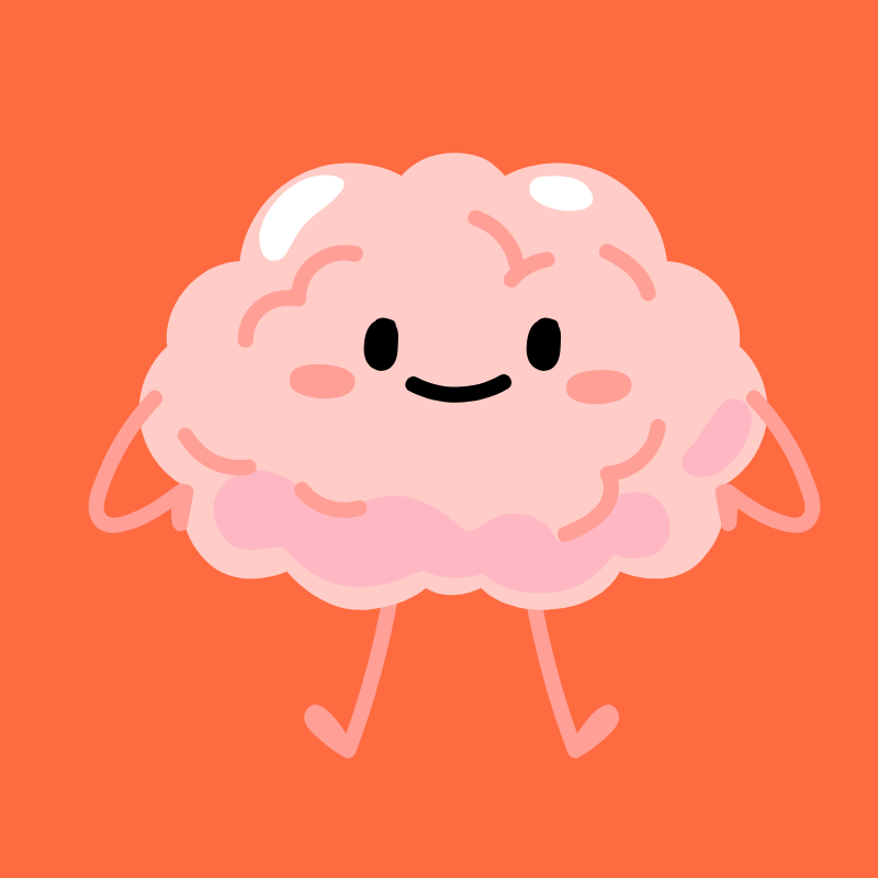 A cute cartoon illustration of a pink space cloud with a smiling face, arms, and legs, set against an orange background.