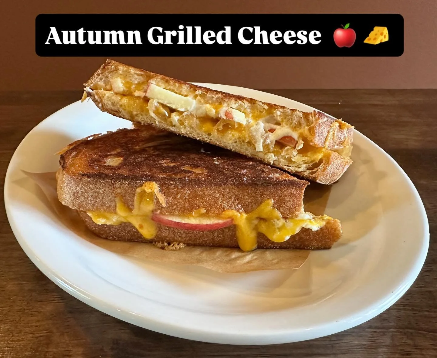 NEW Autumn Grilled Cheese. Sourdough, Red Apple, Old Cheddar, Goat Cheese, Caramelized Onion. 🤤
