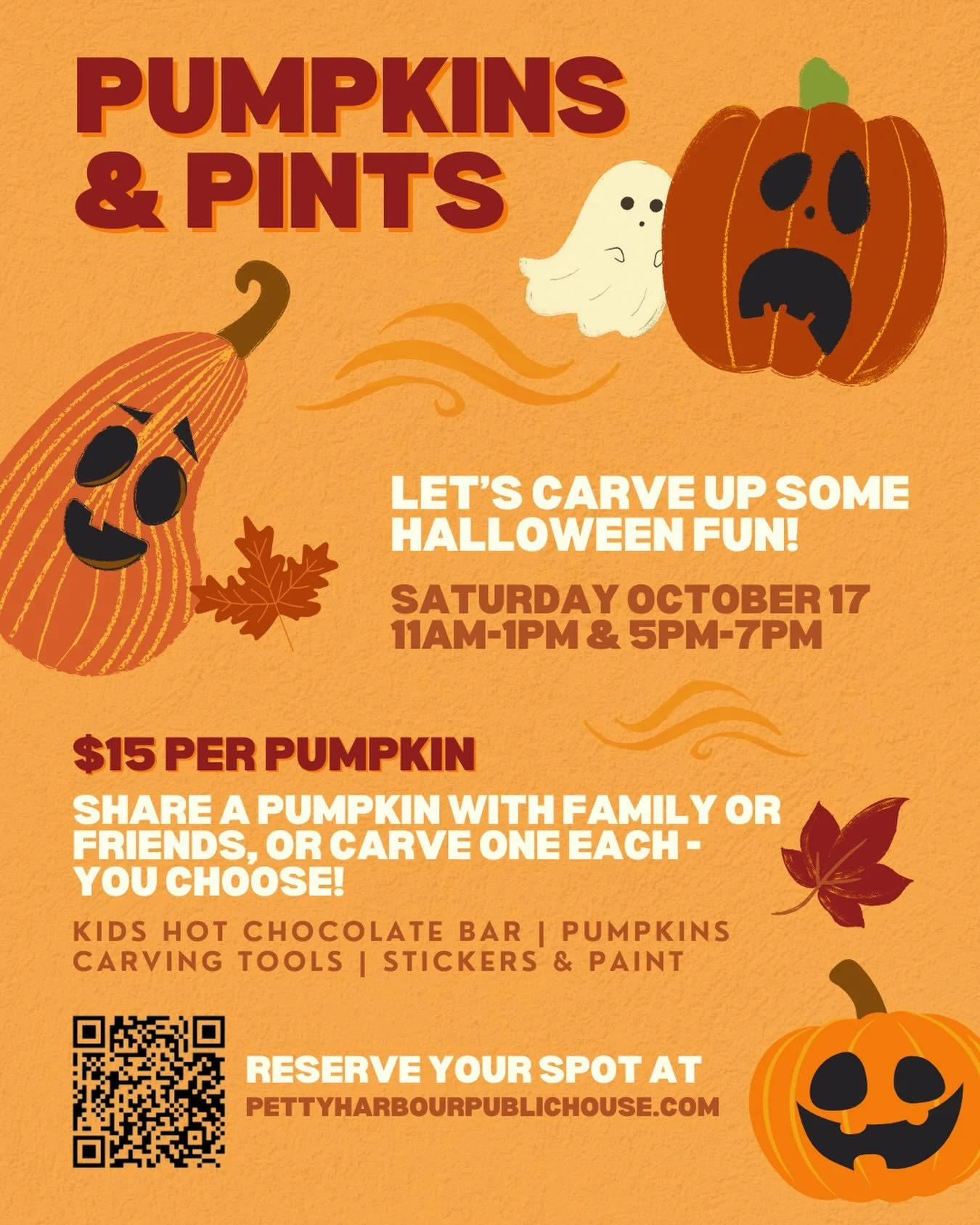Limited spots available! 🎃👻
Join us for a pumpkin carving event!
Full menu &amp; bar service. Kids menu and free kids hot chocolate bar. 
Reserve your spot at pettyharbourpublichouse.com/pumpkincarving