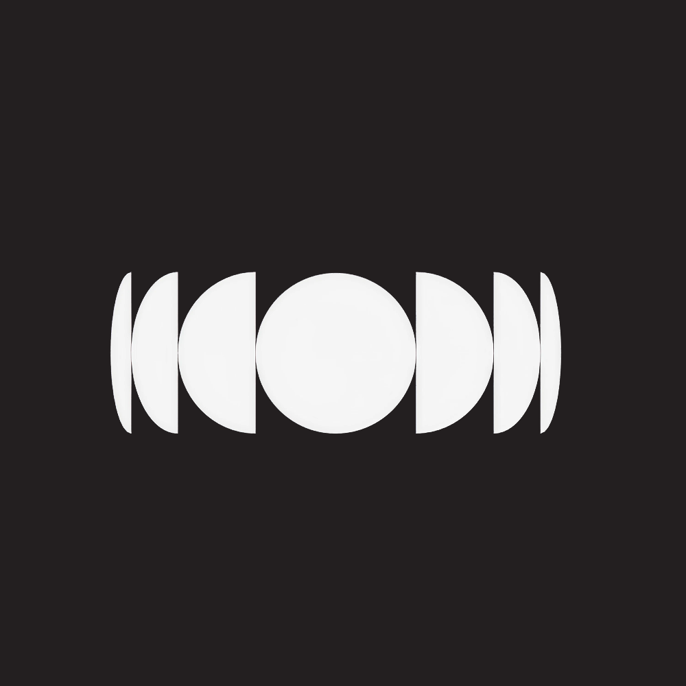 Abstract black and white graphic design featuring a central white circle with surrounding white wedge shapes against a black background.