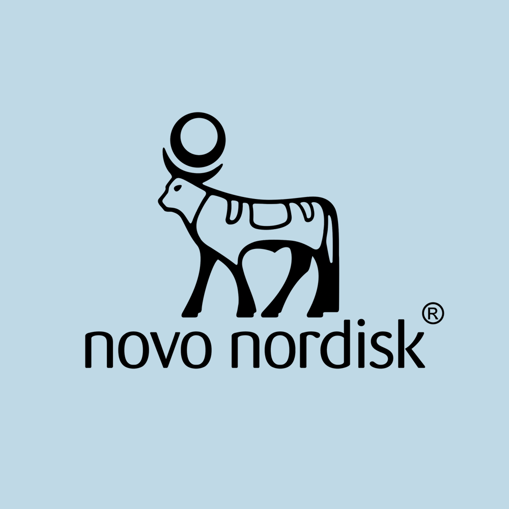 A logo with a stylized reindeer or animal figure with a circle on its head and the words 'novo nordisk' beneath it, on a light blue background.