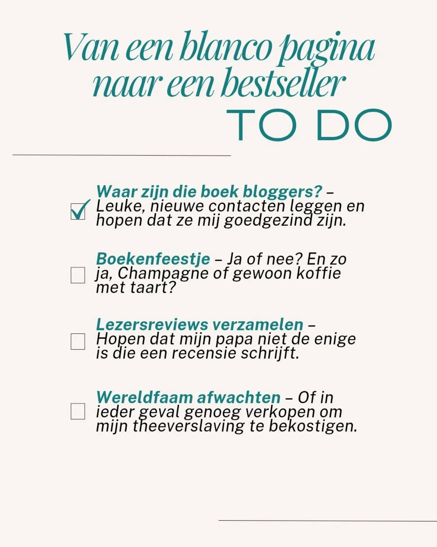 We zijn er bijna&hellip;
Dit is het vierde en meteen ook laatste deel van mijn to do-lijst. En misschien wel het spannendste, want ik geef mijn tweede feelgood &acute;Het kan in Canada&acute; in handen van zeven boekbloggers.

Meer info over de boekt