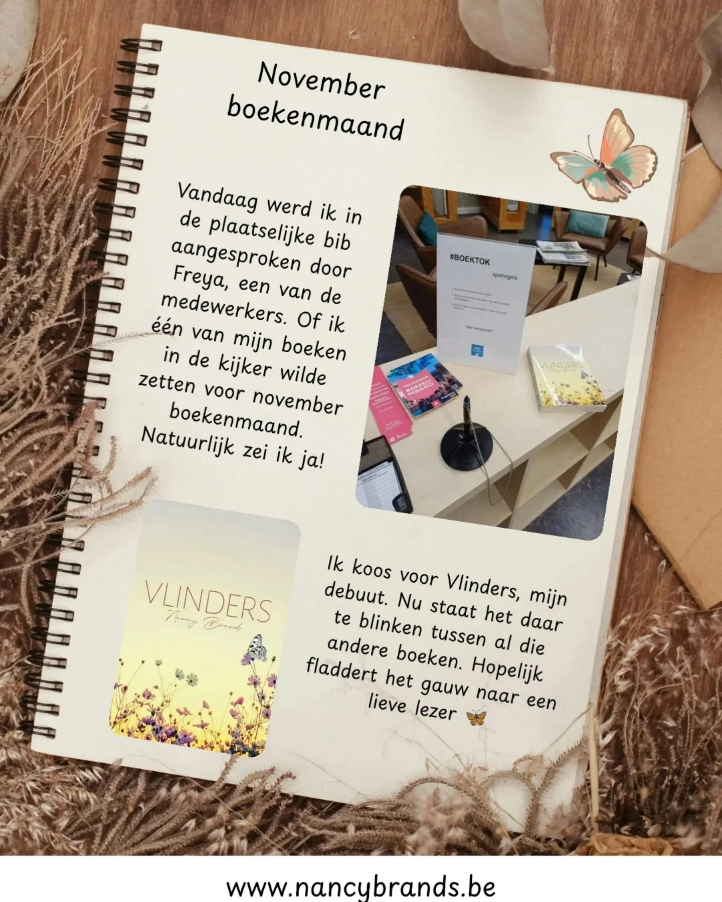 November boekenmaand!
De ideale gelegenheid om &eacute;&eacute;n van mijn boeken in de kijker te zetten.
Mijn debuut&nbsp;Vlinders&nbsp;wacht in bibliotheek Viswater te Berendrecht op een leuke lezer.
Ik ben heel benieuwd wie dit exemplaar mee naar h