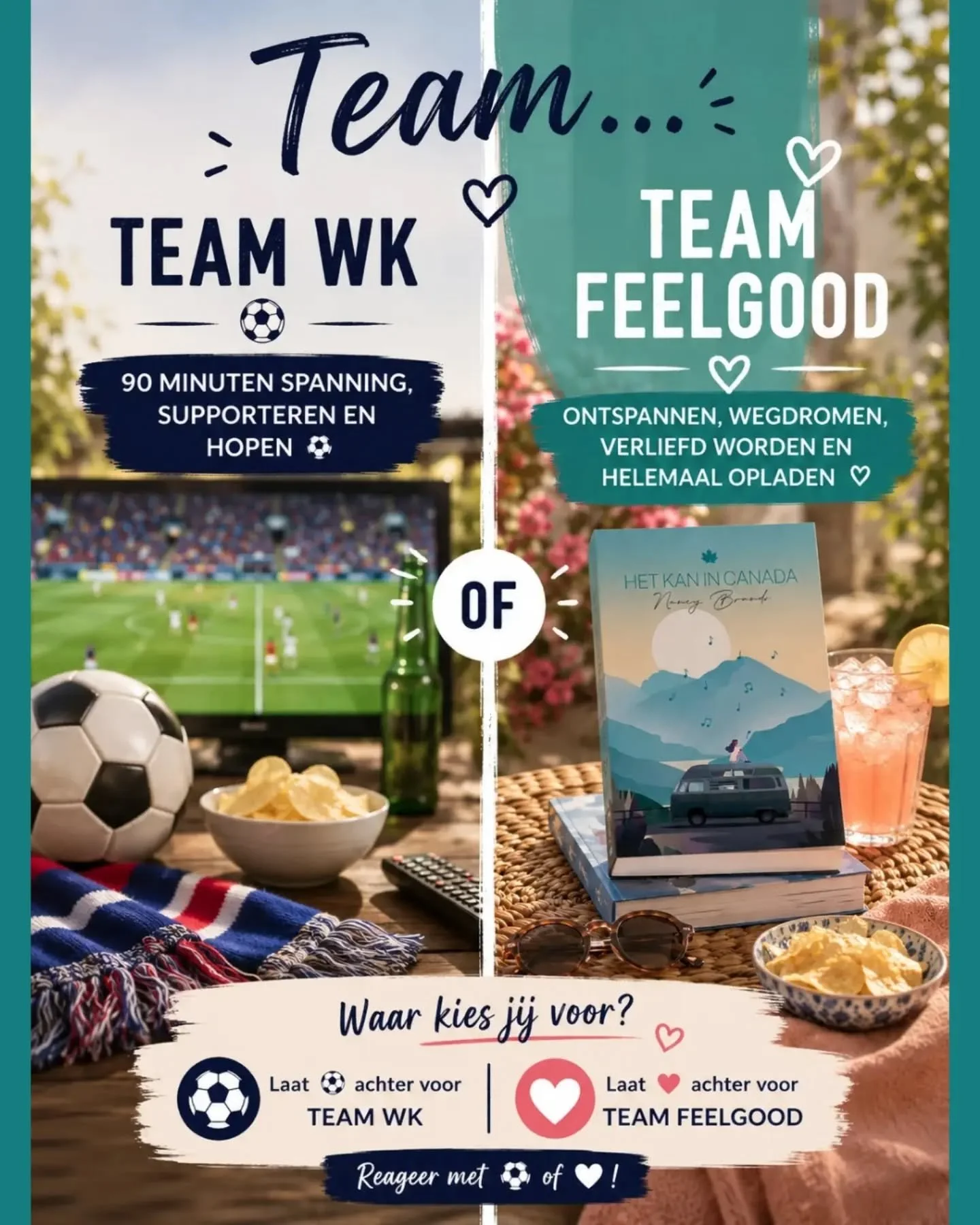 Zomerdilemma&nbsp;☀️

⚽&nbsp;Team WK
of
❤️&nbsp;Team Feelgood?

Wil jij ook een paar uurtjes ontsnappen aan de WK-gekte? Kruip dan lekker op de bank of onder een parasol met een leuke feelgood.

Het kan in Canada&nbsp;neemt je mee op een hartverwarme