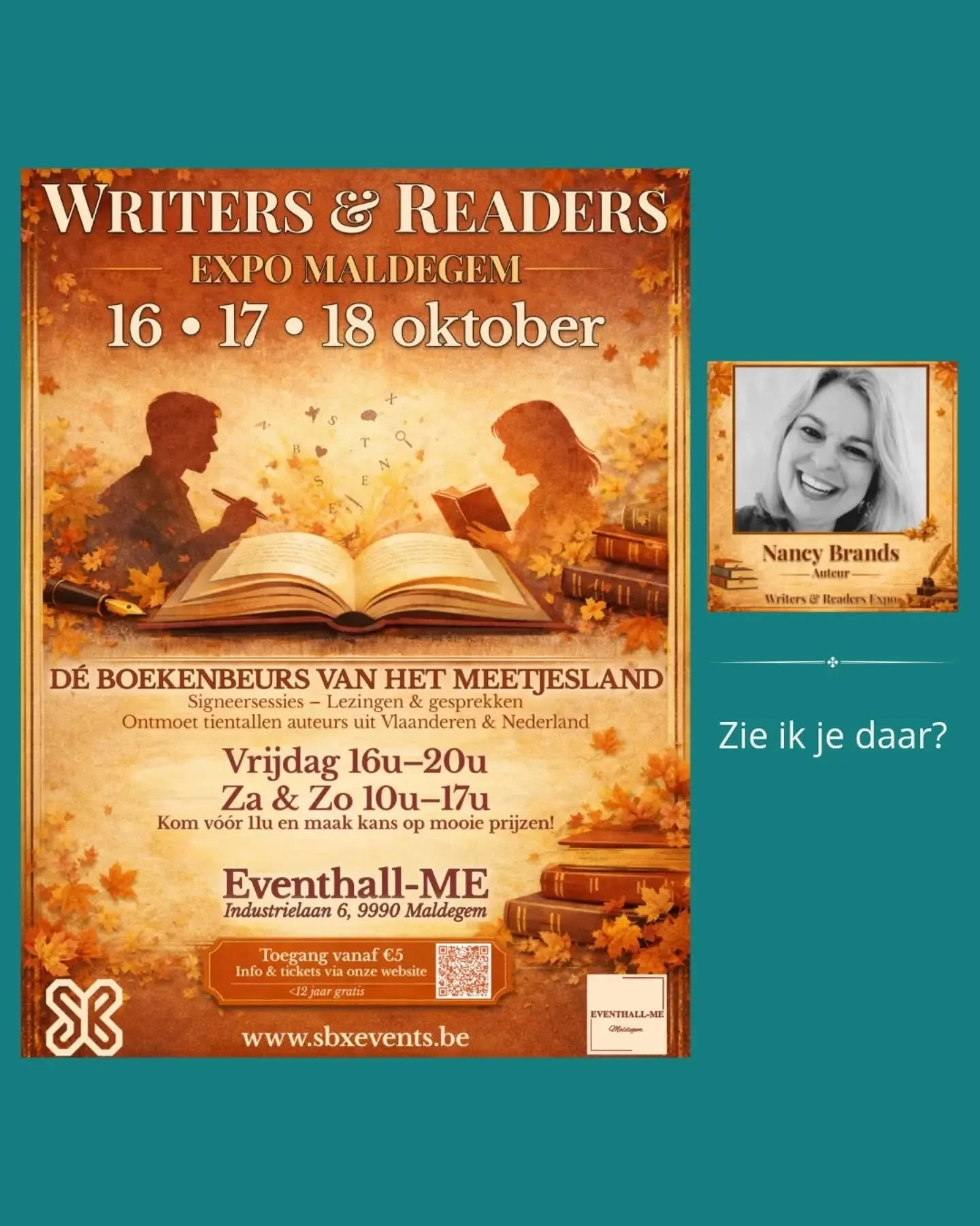 Niets gezelliger dan een boekenbeurs meepikken tijdens dit herfstweer, toch? Dan heb ik alvast een fantastische tip voor jou. 

Op zaterdag 17 oktober 2026 vind je me, samen met tal van andere auteurs, op de Writers &amp; Readers Expo in Maldegem.

K