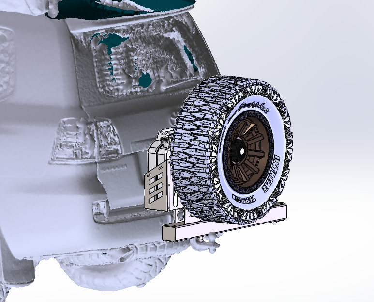 A 3D rendering of a tire mounted on a supportive platform attached to the back of a vehicle, possibly for testing or repair purposes.