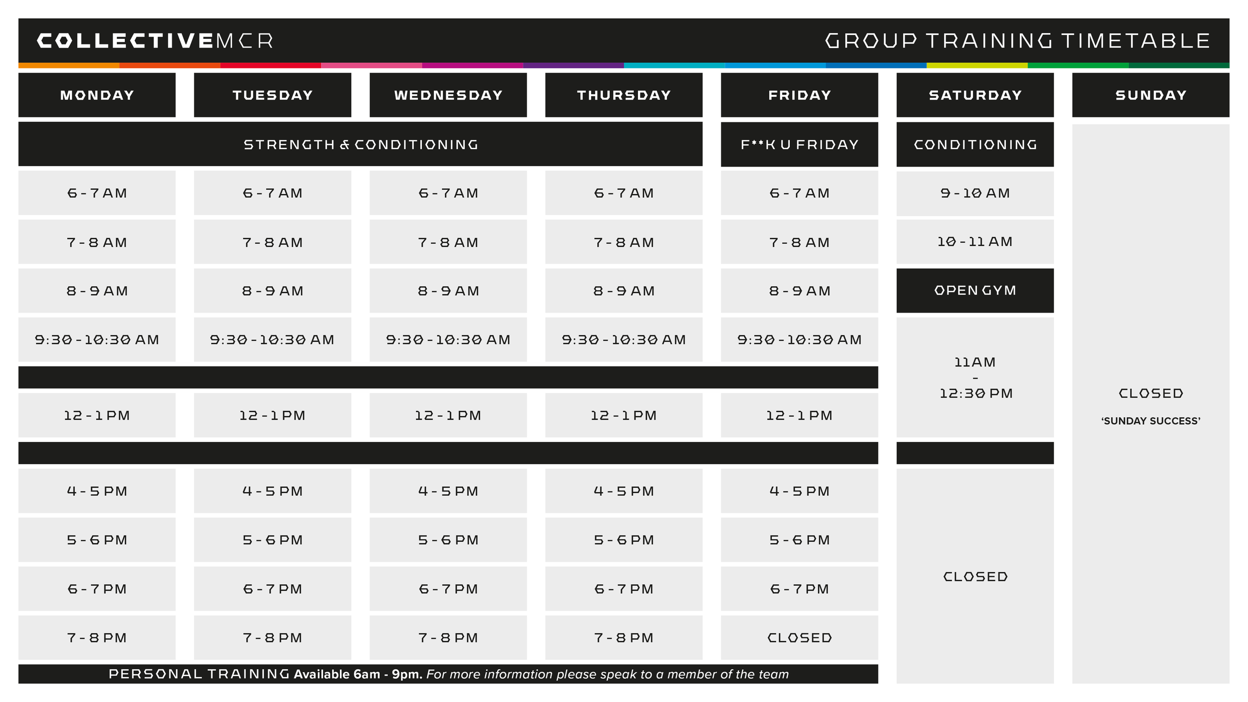 Group training timetable for Collectivemcr with schedule from Monday to Sunday, including sessions in the morning, midday, and evening, with specific classes and times listed. It also indicates the gym is closed on Sundays and features a special note 'Sunday Success' on Sunday.
