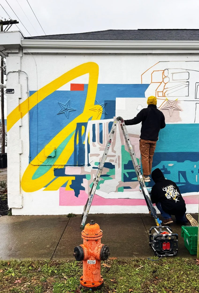 Progress shot of an exterior mural on an Airbnb in the Phoenix Hill neighborhood of Louisville, Kentucky