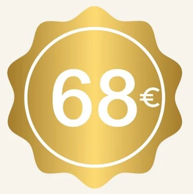 Preço de 68 euros em destaque, com fundo dourado