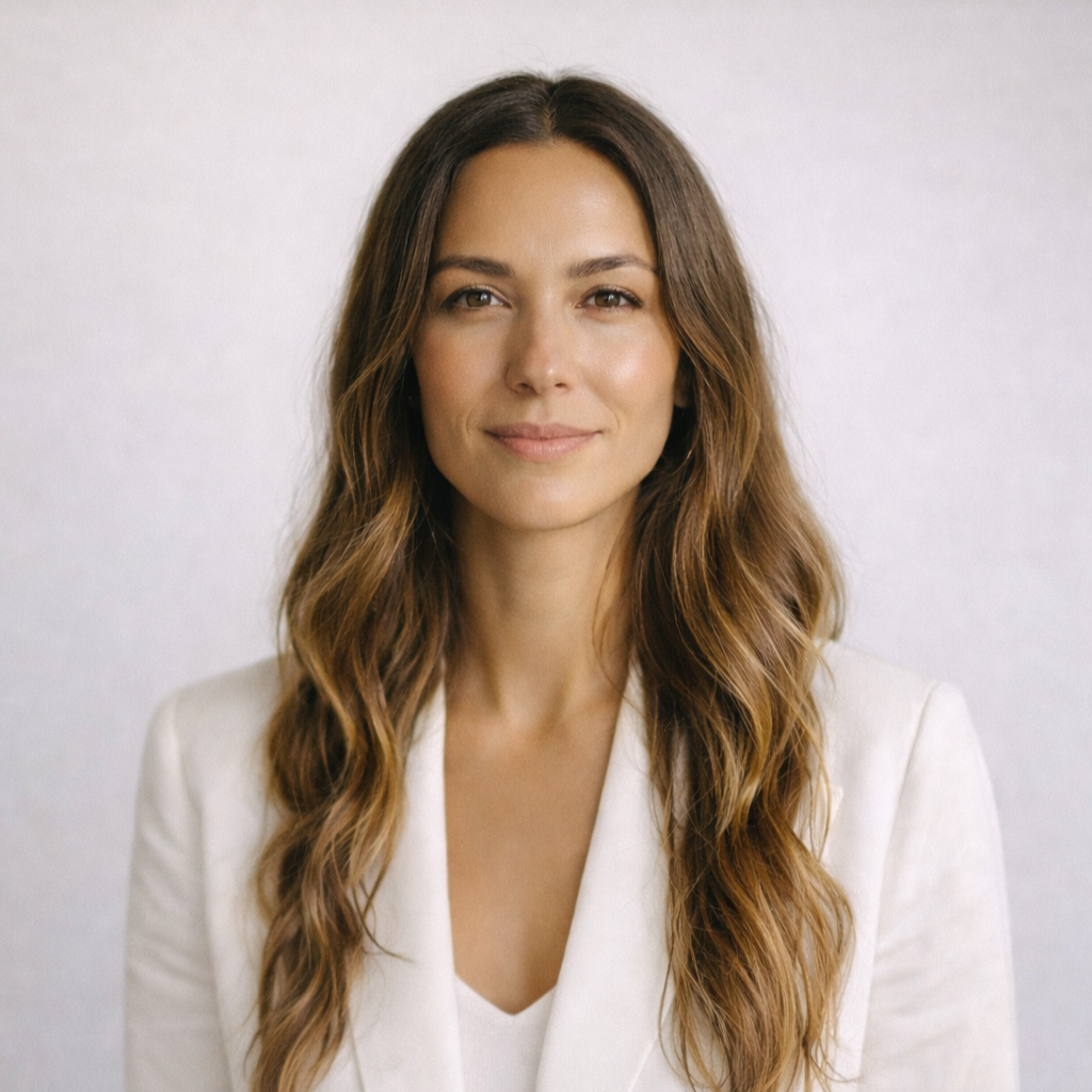 Mulher com cabelo castanho ondulado, usando blusa branca, sorrindo suavemente, fundo neutro.