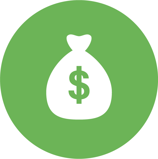 Icon of a money bag with a dollar sign on a green circle background.