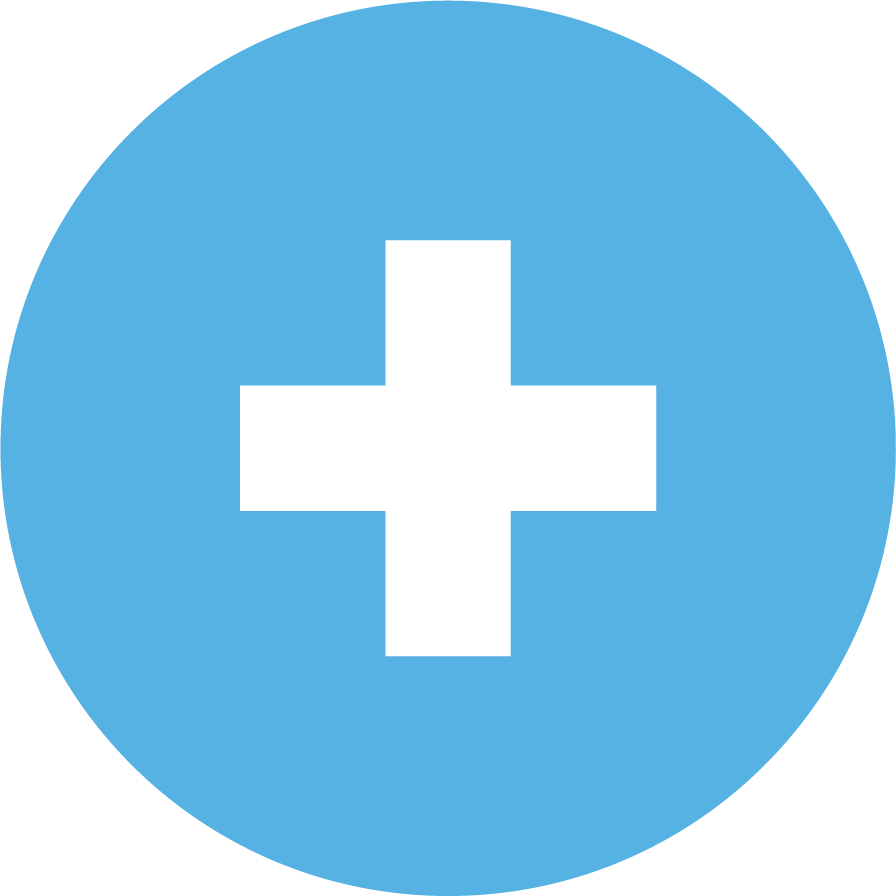 White plus sign on a blue circular background.