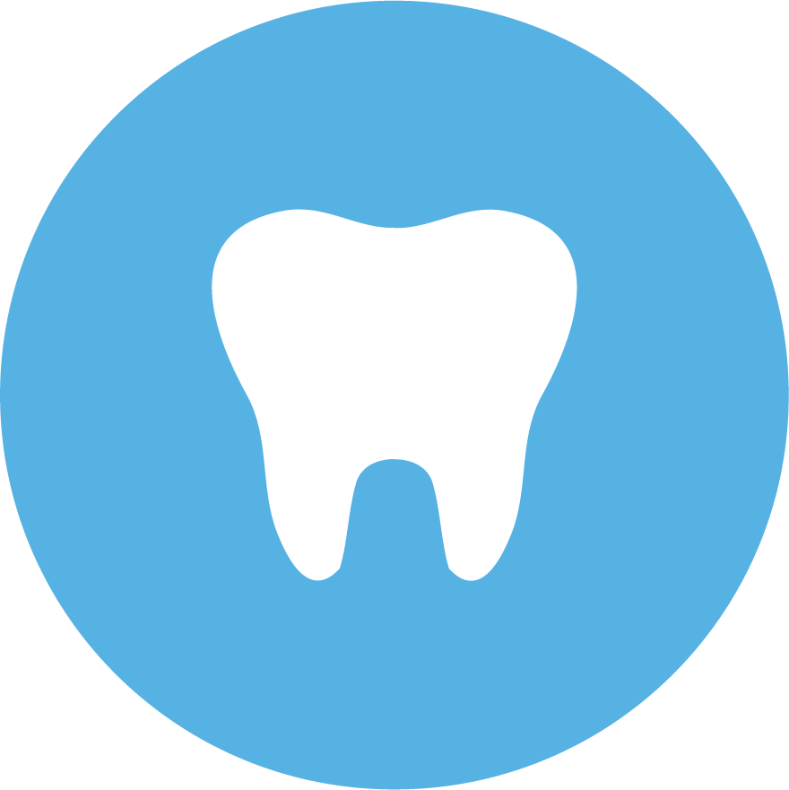 Icon of a white tooth on a blue circle background.