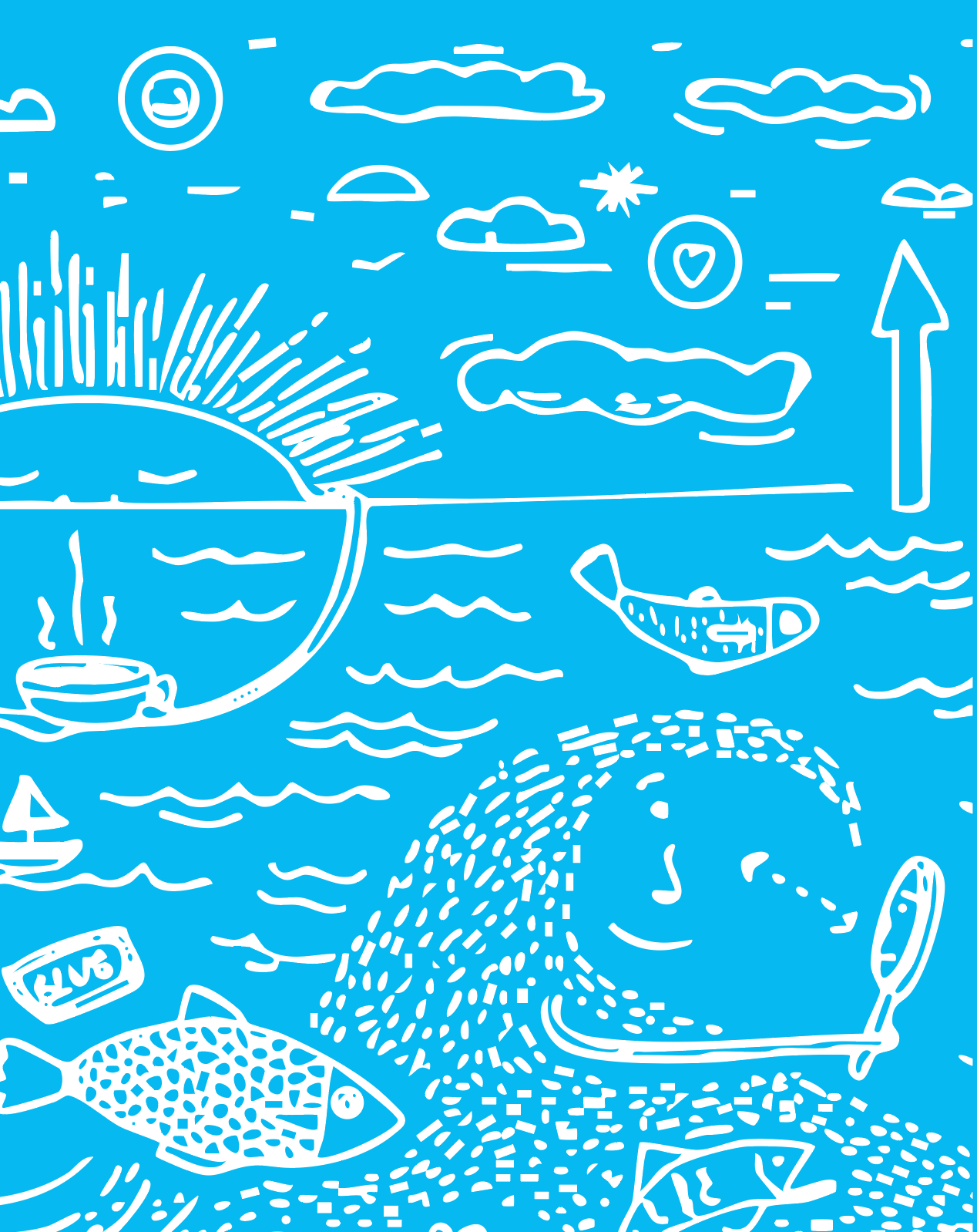 Abstract illustration with a white outline on a blue background featuring a smiling face in waves, fish, a steaming cup, a surfboard, clouds, sun, plane, sailboat, and the word 'Blue.'