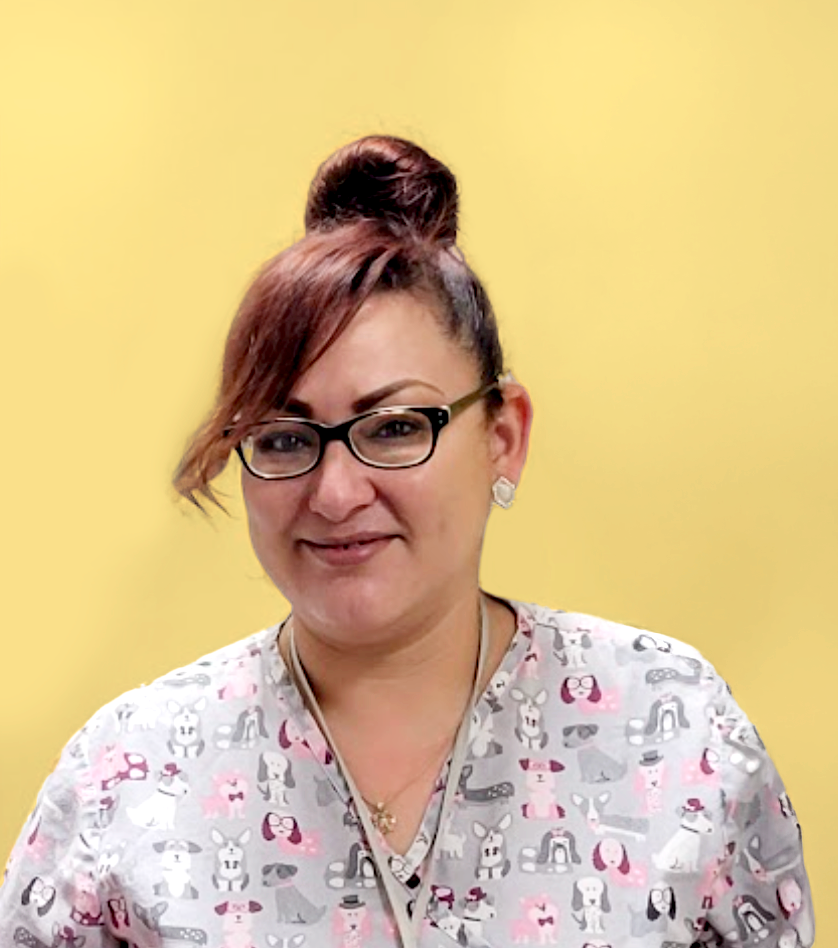 Smiling woman with glasses and a top knot hairstyle, wearing scrubs with cartoon animal patterns against a yellow background.