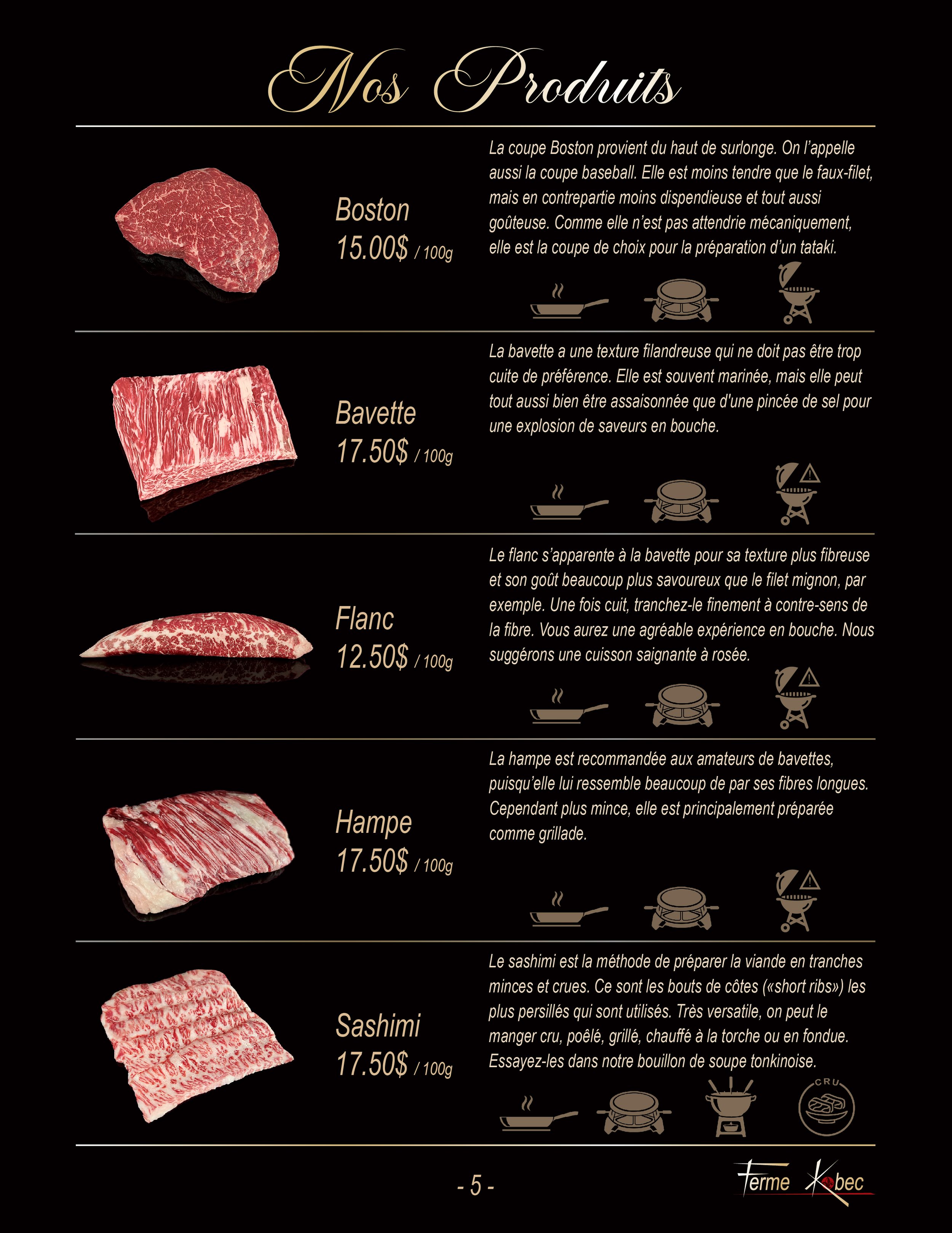 Prix et description boston, bavette, flanc, hampe, sashimi