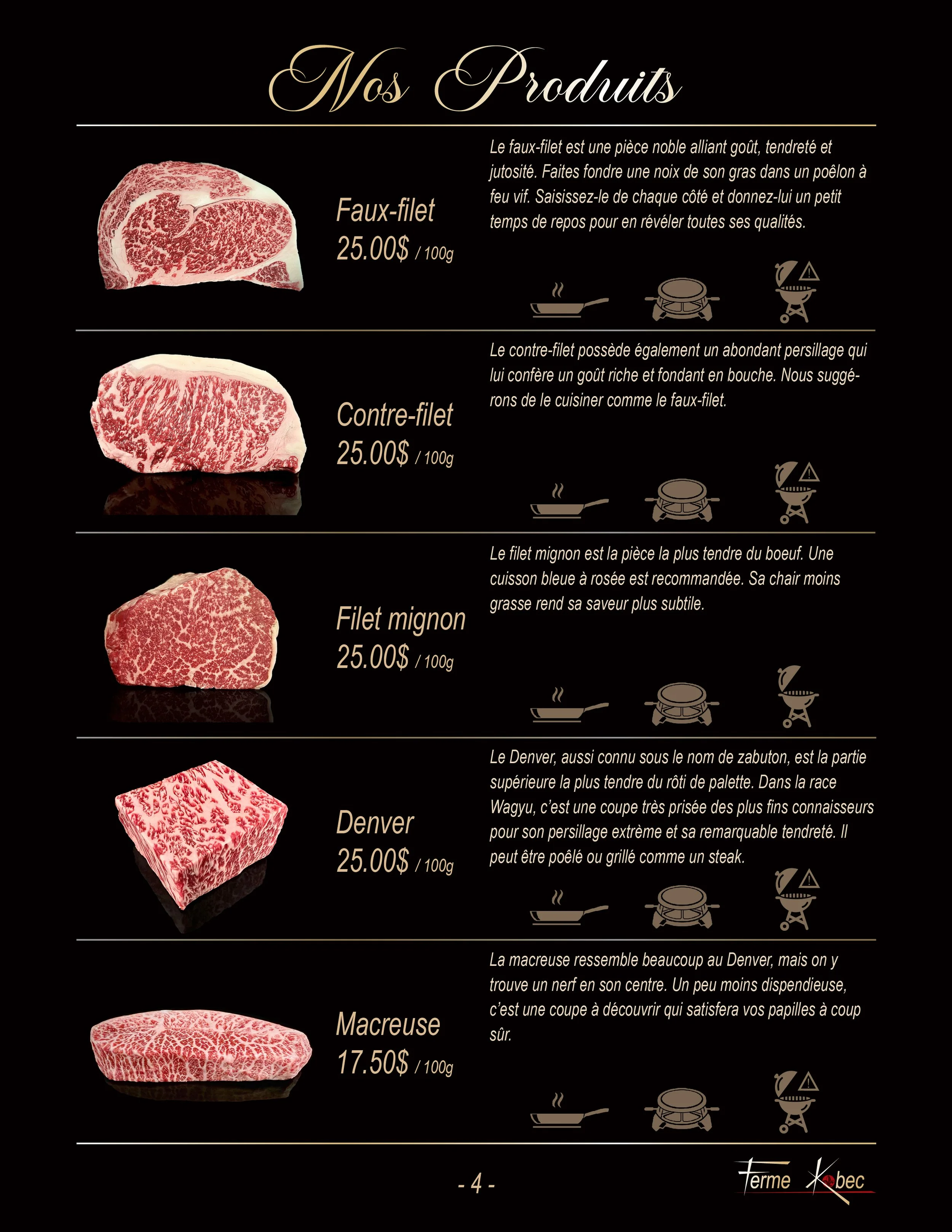 Prix et description faux-filet, contre-filet, filet mignon, Denver, macreuse