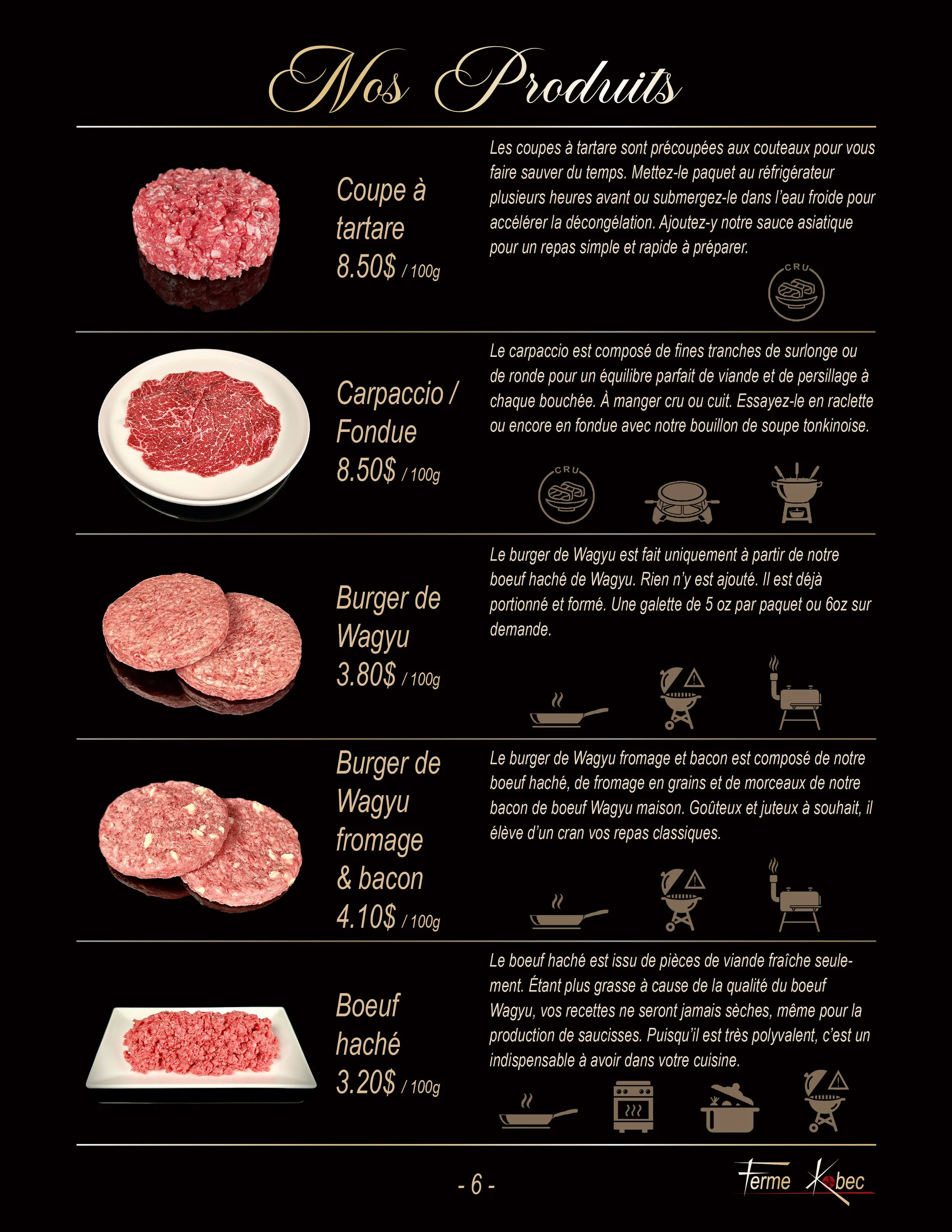 Prix et description tartare, carpaccio, burger, bureger fromage bacon, boeuf haché