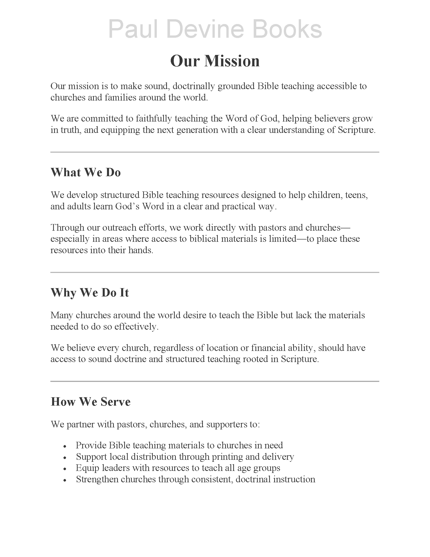 Document titled 'Paul Devine Books' with sections on mission, what they do, why they do it, and how they serve, describing their Bible teaching resources and outreach efforts.