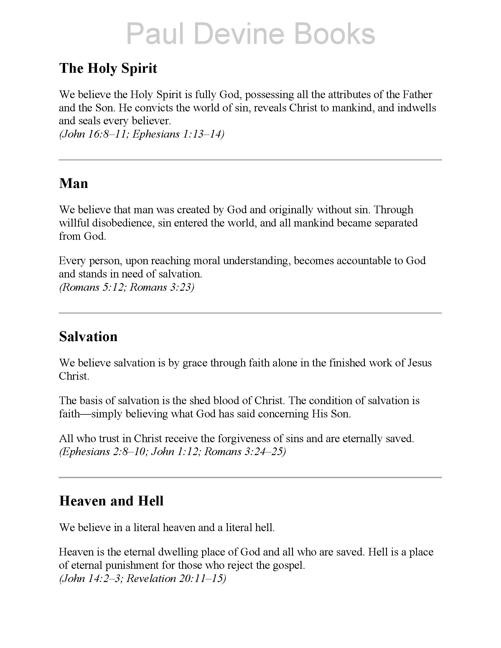 Page from a religious book titled "Paul Devine Books" with sections on The Holy Spirit, Man, Salvation, and Heaven and Hell.
