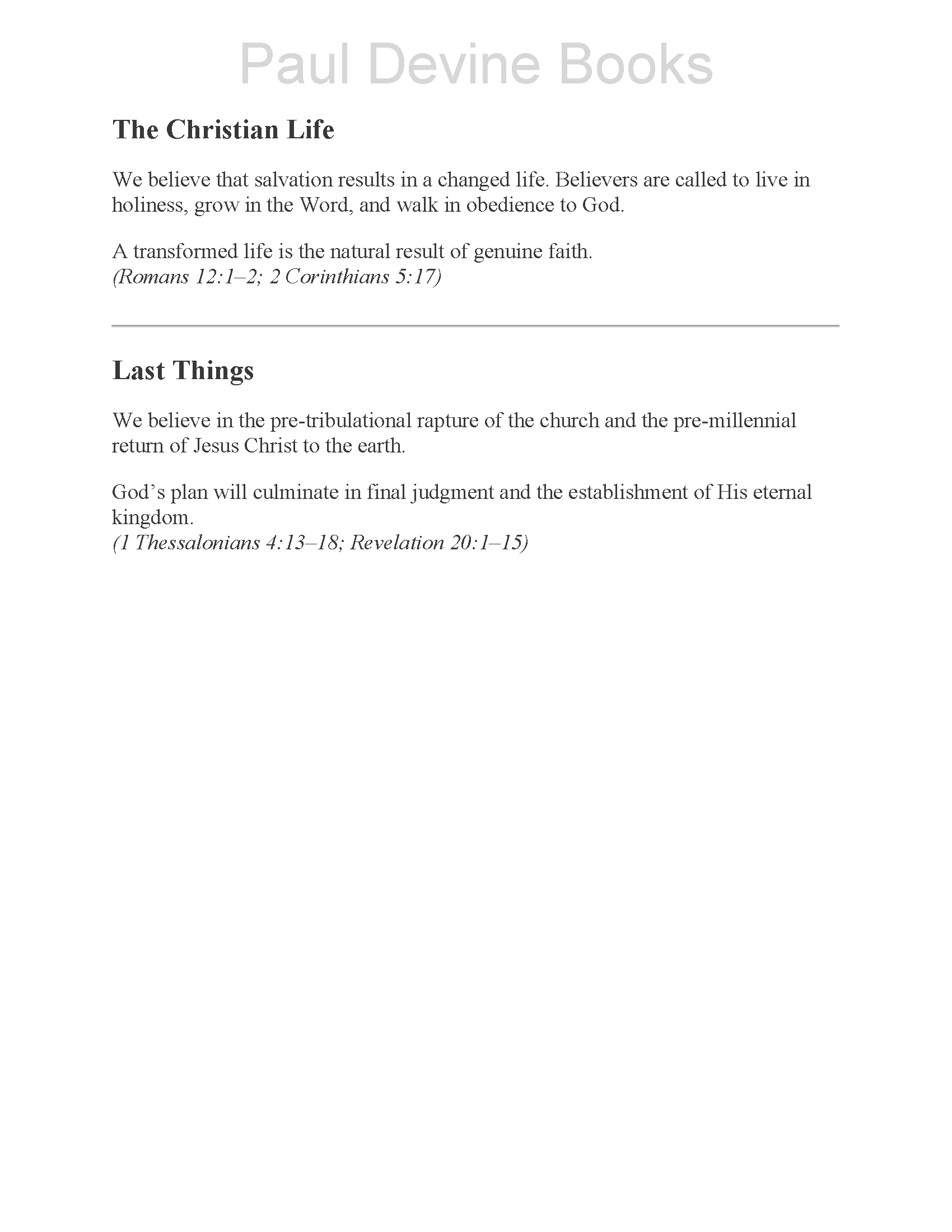 Page from a book titled 'Paul Devine Books' with sections 'The Christian Life' and 'Last Things', discussing salvation, faith, and the return of Jesus Christ.