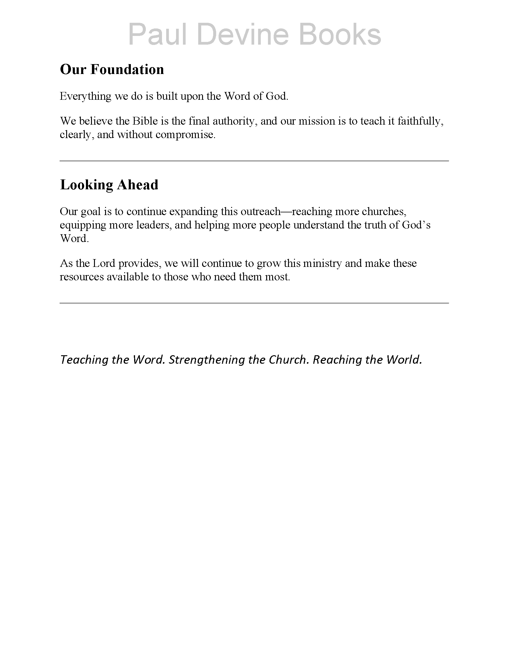 Page from a document with the heading 'Paul Devine Books' and sections titled 'Our Foundation' and 'Looking Ahead', containing text about faith, outreach, and spreading God's Word.
