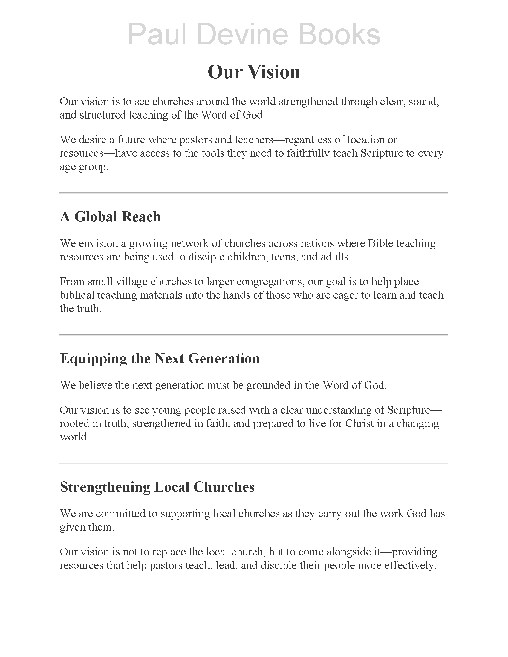 Text of a document titled 'Our Vision' from Paul Devine Books, outlining the organization's goals for churches worldwide, disciple children and teens, equip the next generation with biblical knowledge, and support local churches.