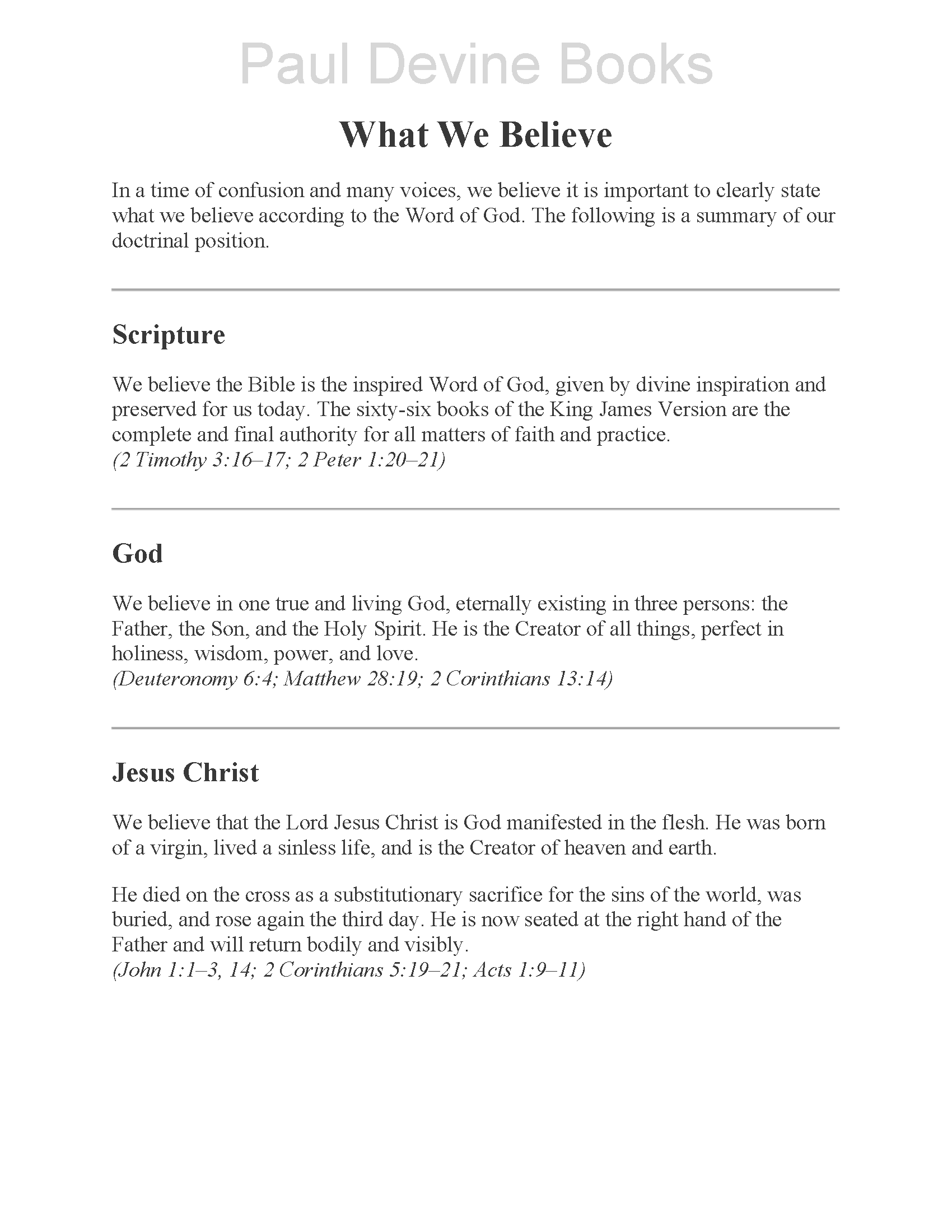 Page from a religious pamphlet titled 'What We Believe' listing beliefs about scripture, God, and Jesus Christ, attributed to Paul Devine Books.