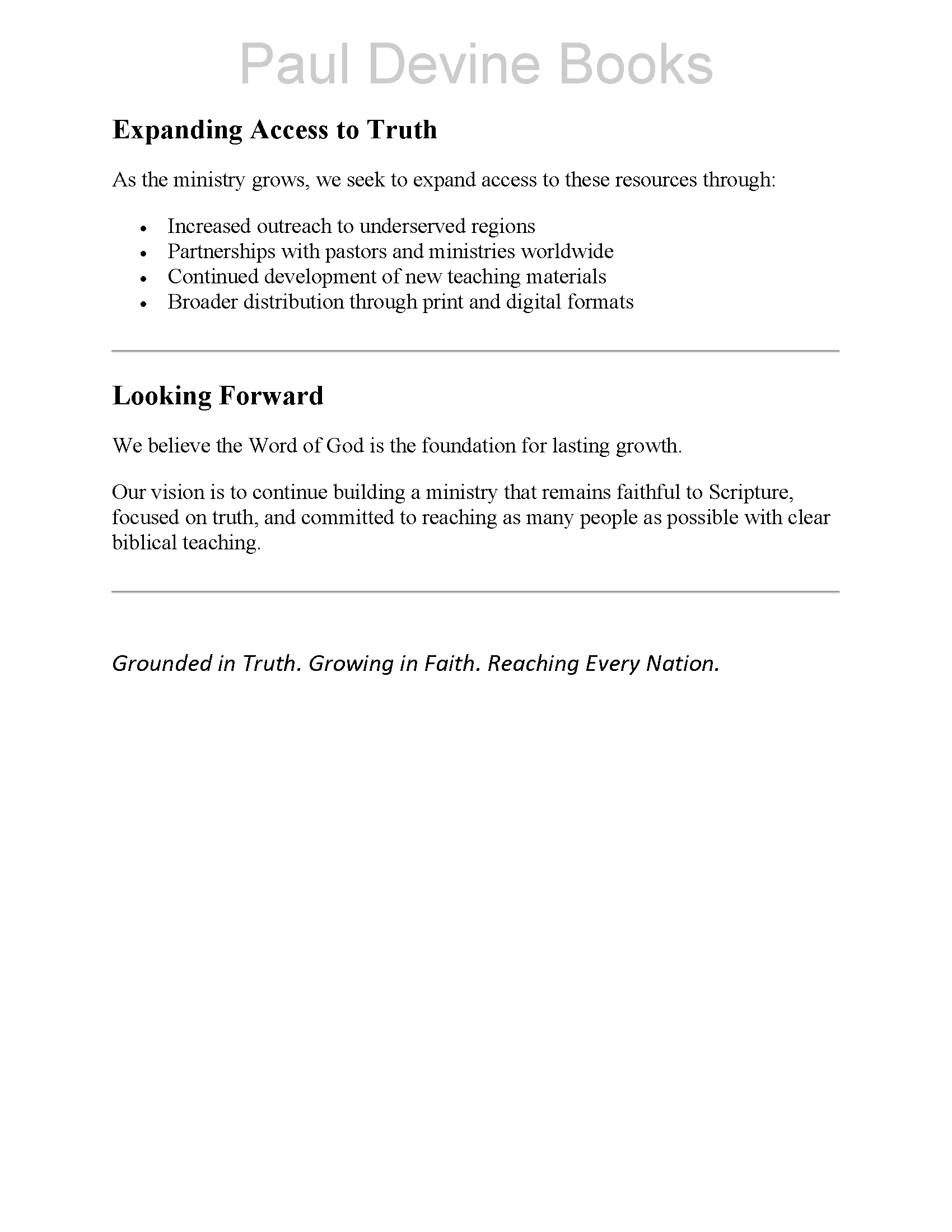 Page from a document with the heading 'Paul Devine Books' and sections titled 'Expanding Access to Truth' and 'Looking Forward', containing text about ministry growth and faith-based outreach.