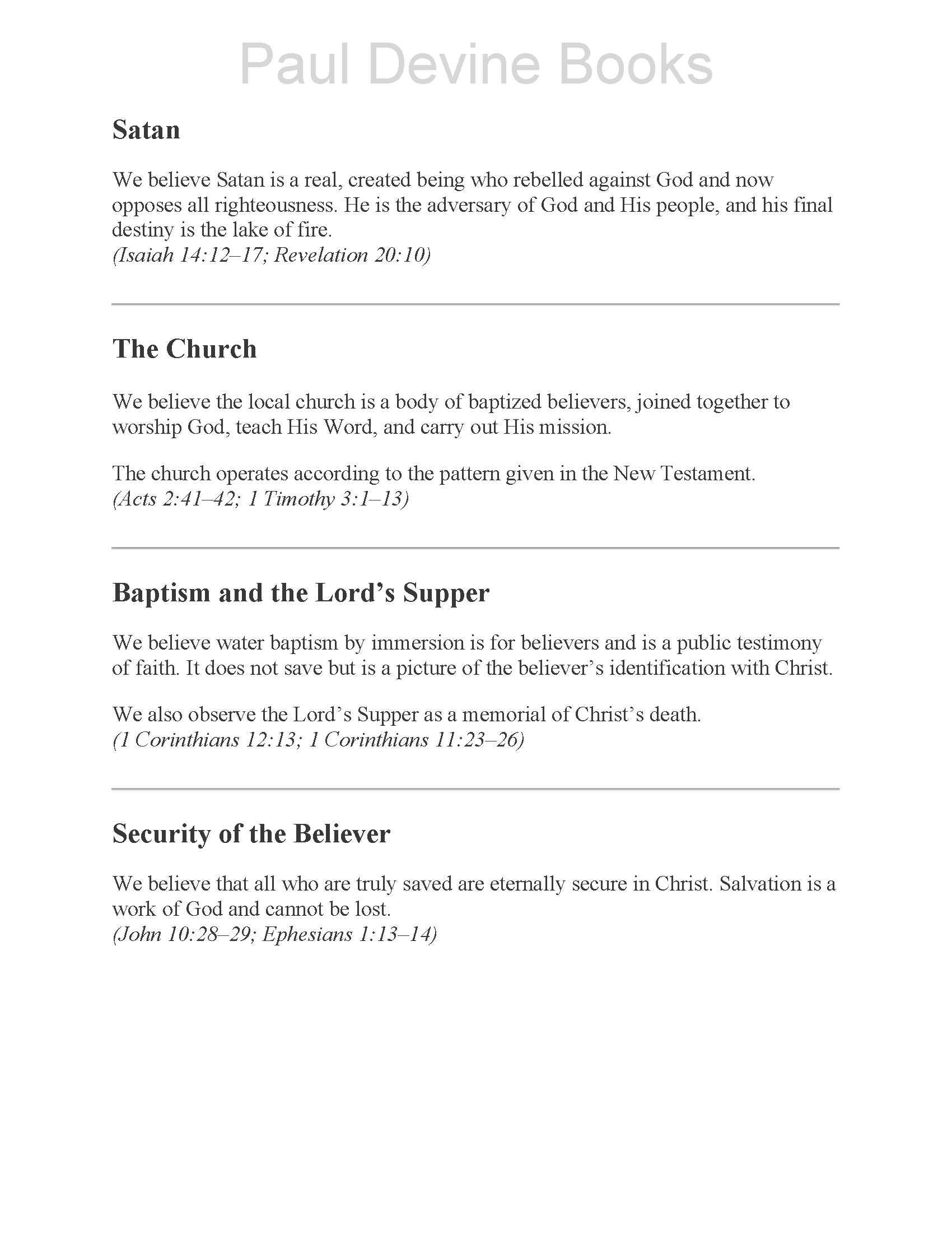 Page from a book titled 'Paul Devine Books' discussing Christian beliefs including Satan, the church, baptism, the Lord's Supper, and security of the believer.