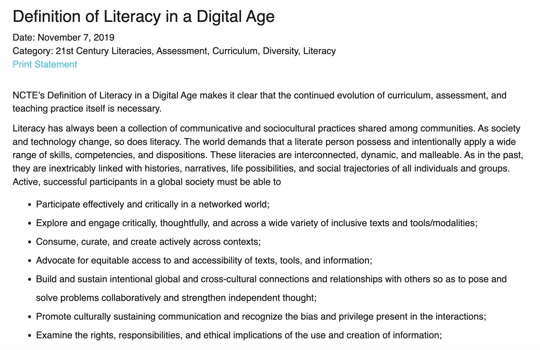 NCTE Position Statement: Definition of Literacy in a Digital Age, p.15
