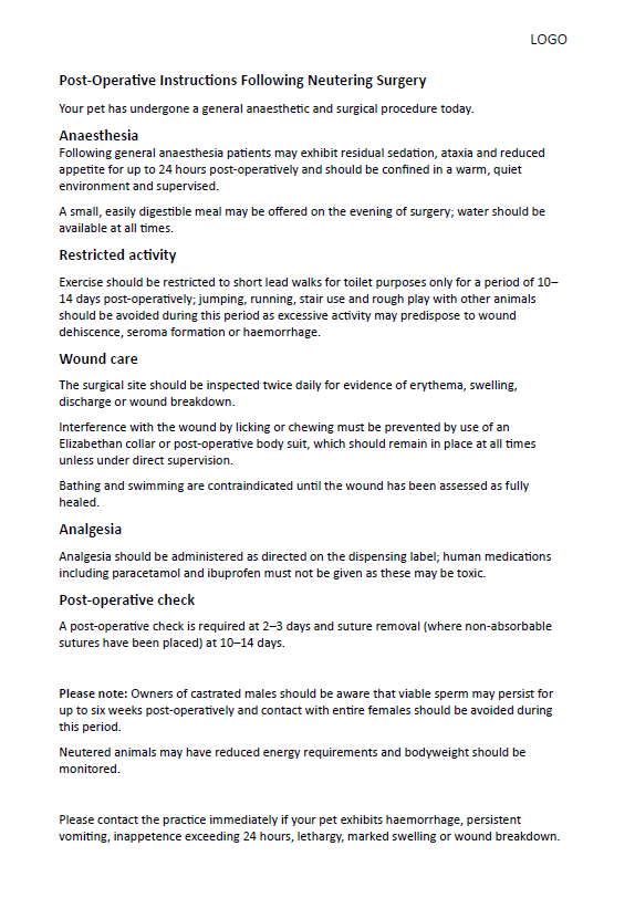 Example of a traditional text-heavy neutering aftercare sheet, with small print and medical terminology.
