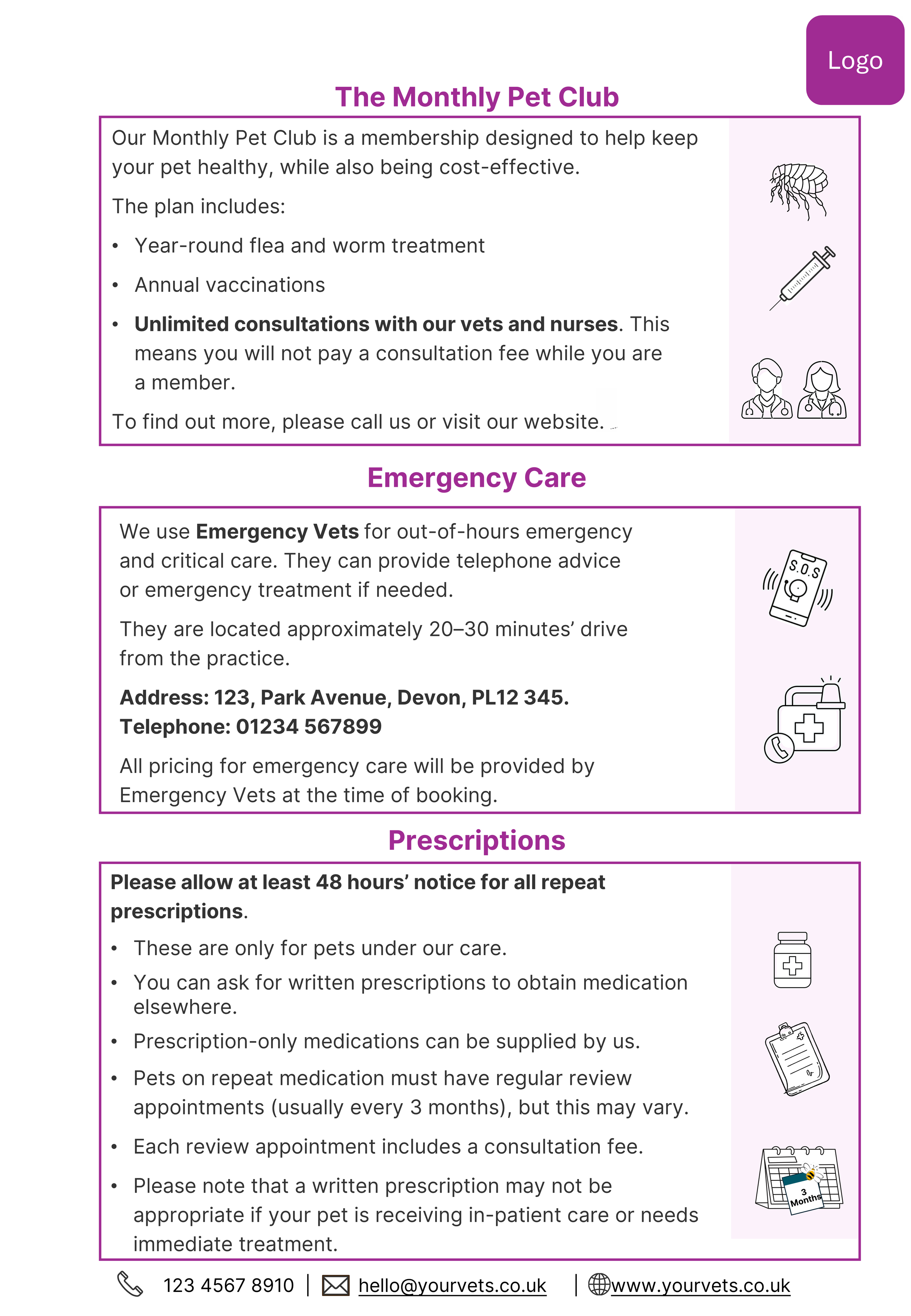 Example veterinary information leaflet using a prominent summary, labelled icons and clear sections