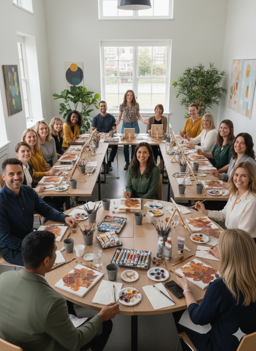 A group of around 15 people sitting around two large, U-shaped tables in a bright room, participating in a group paint and sip class with paint palettes, brushes, and canvas, while smiling and engaging in the activity.
