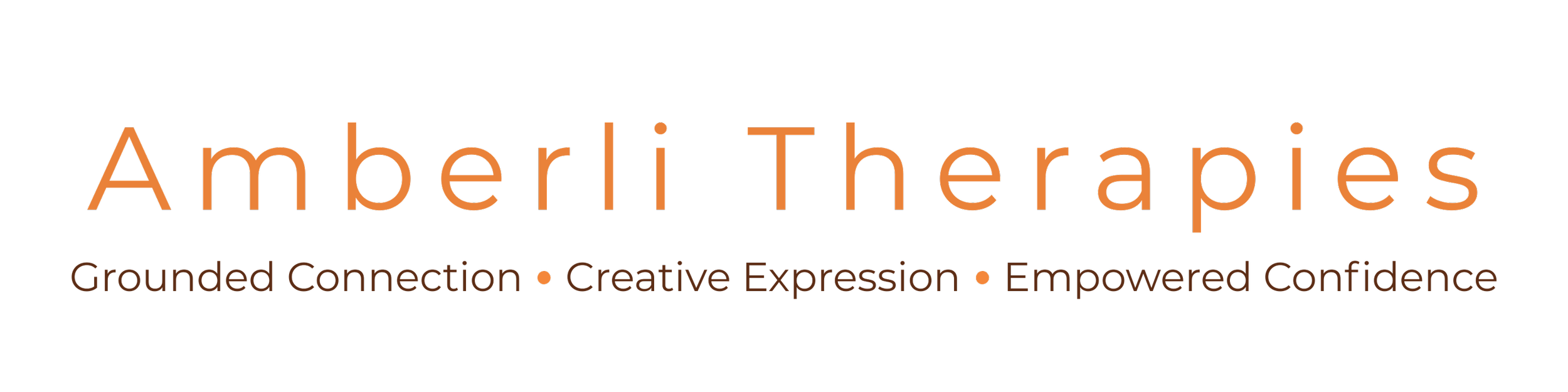 Logo for Amberli Therapies with tagline 'Grounded Connection, Creative Expression, Empowered Confidence' in orange and black text.