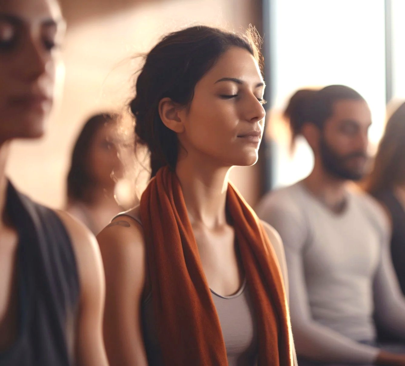 A woman with closed eyes practicing meditation in a group meditation class.