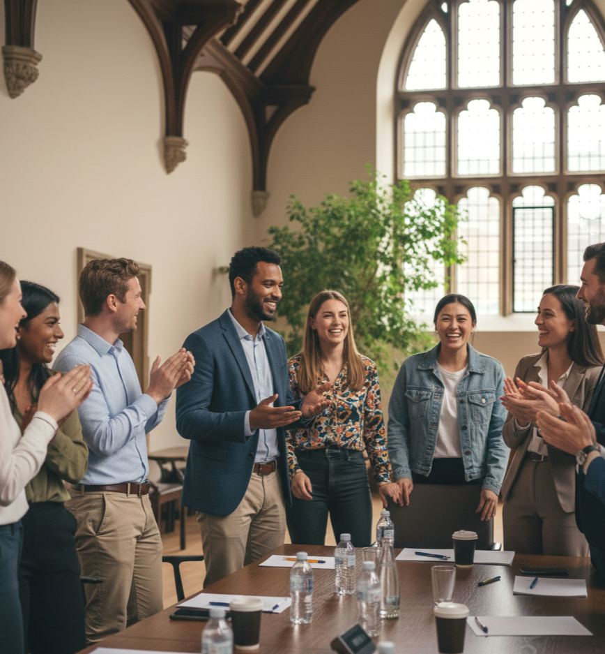 Group of well-dressed people standing and clapping around a conference table in a bright room with large arched windows and a plant.