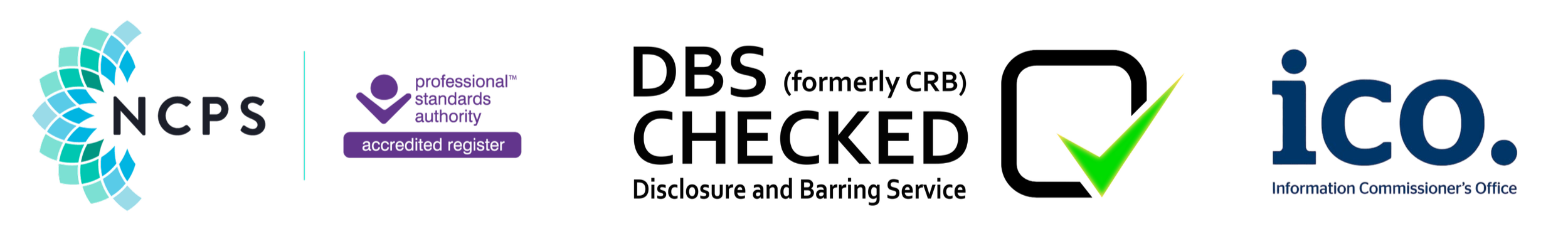 NCPS, professional standards authority, accredited register, checked disclosure and barring service, verified checkmark, ICO. Logo and icons in a horizontal line.
