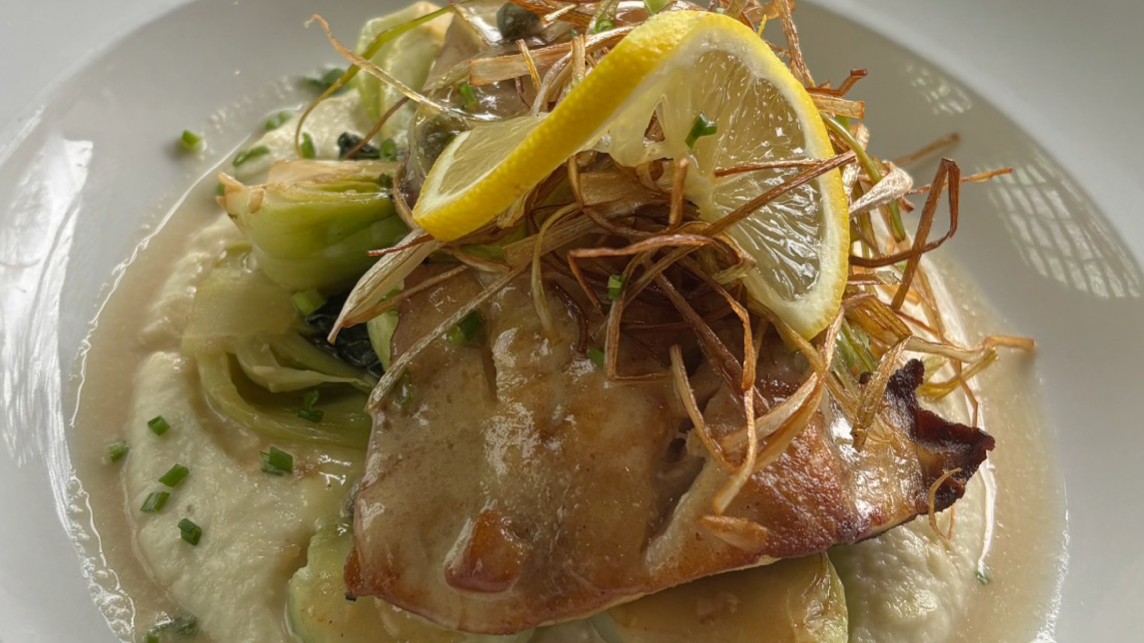 catch of the day with bok choy and cauliflower puree